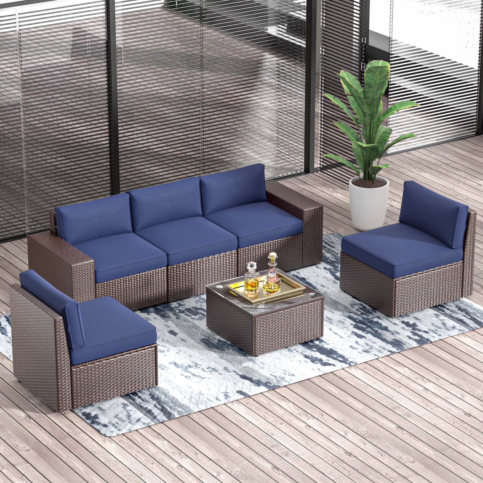Bapipro BP3906U02 6 -Piece Rattan Patio Sofa Conversation Set with Blue Cushions