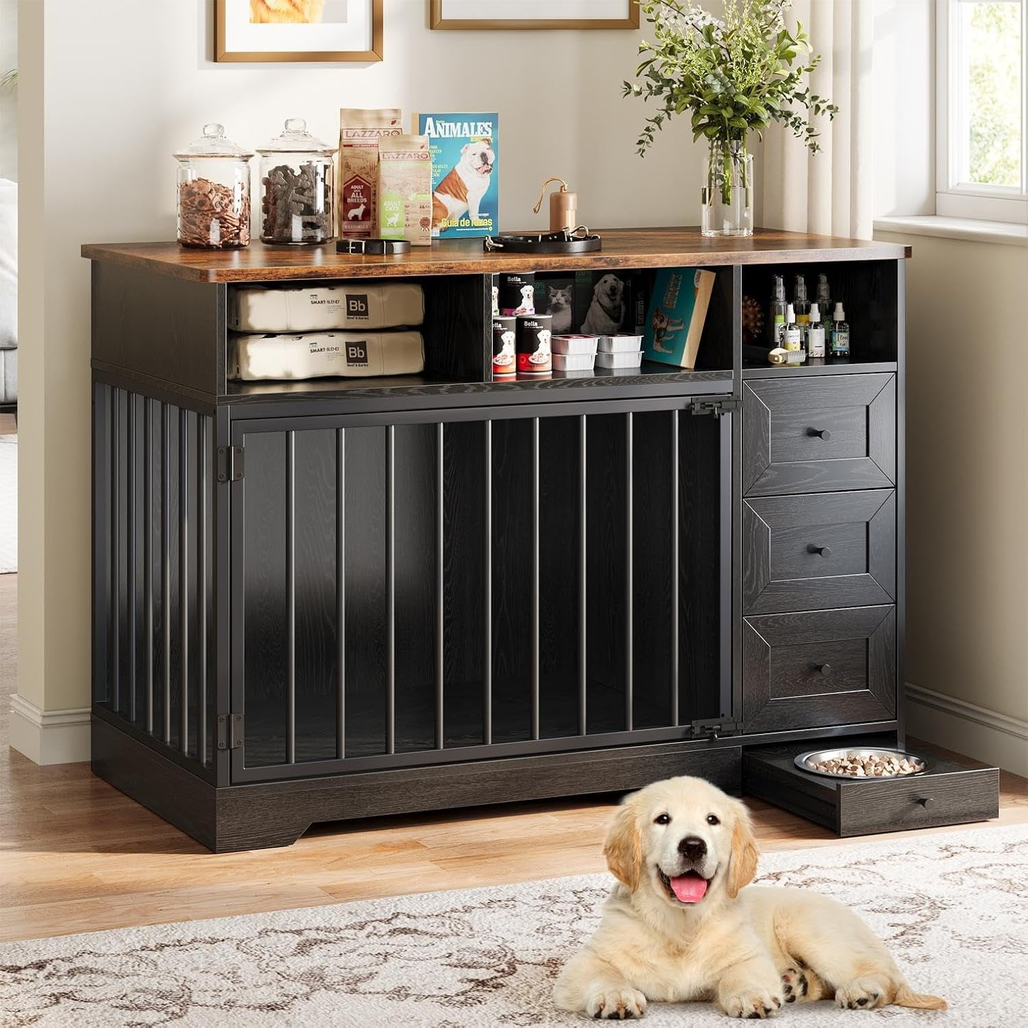 Garvee 48Inch Large Dog Crate Furniture Farmhouse Style Pet Kennel with Built-in Dog Bowl 3 Drawers Open Shelves Heavy-Duty Wooden Dog Crate Table for Medium Small Dogs Indoor Pet Furniture Black