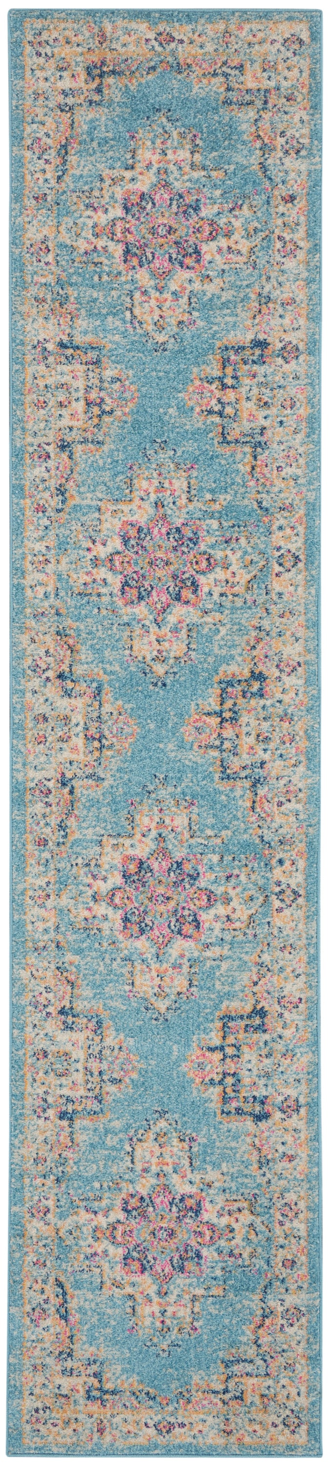 Light Blue Floral Synthetic Runner Rug with Latex Backing