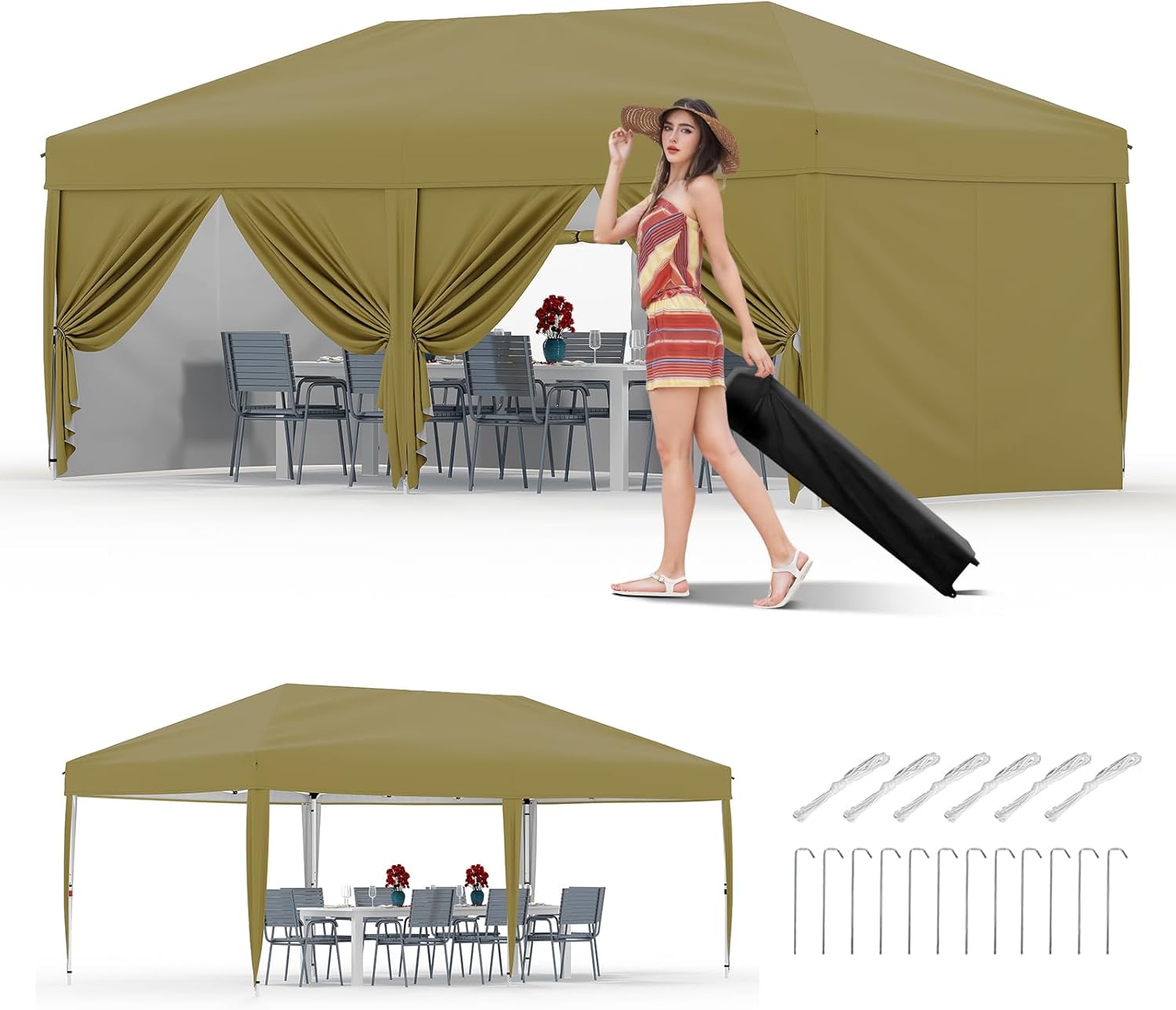 Qeetex WWJ-PHO-10B8LA9G Pop Up Canopy Tent with 6 Sidewalls Waterproof and UV Resistant