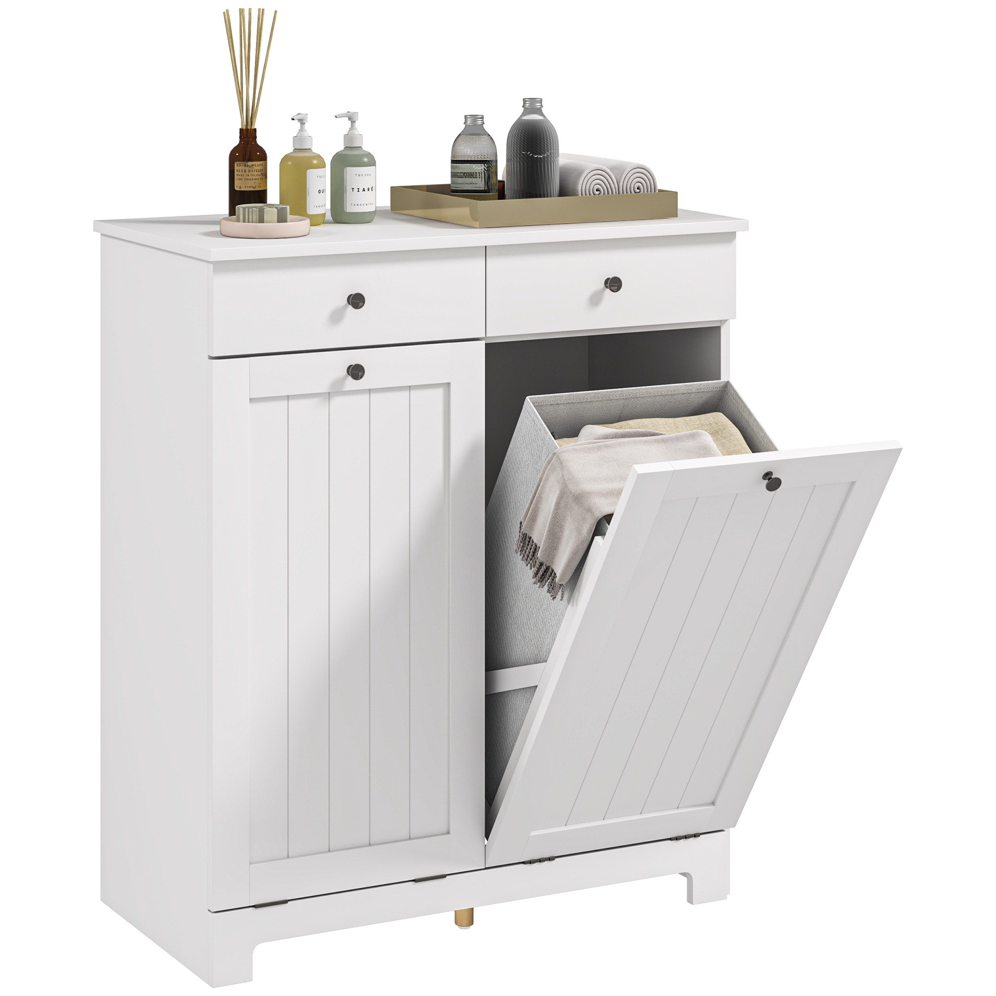 HomCom  Laundry Hamper Cabinet with 2 Removable Baskets Tilt Out Laundry Hamper Cabinet with 2 Drawers and 2 Beadboard Doors Laundry Cabinet Bathroom Storage Cabinet White