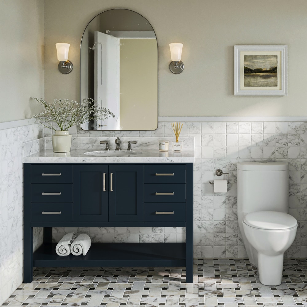 Midnight Blue Solid Wood Bath Vanity with White Marble Top