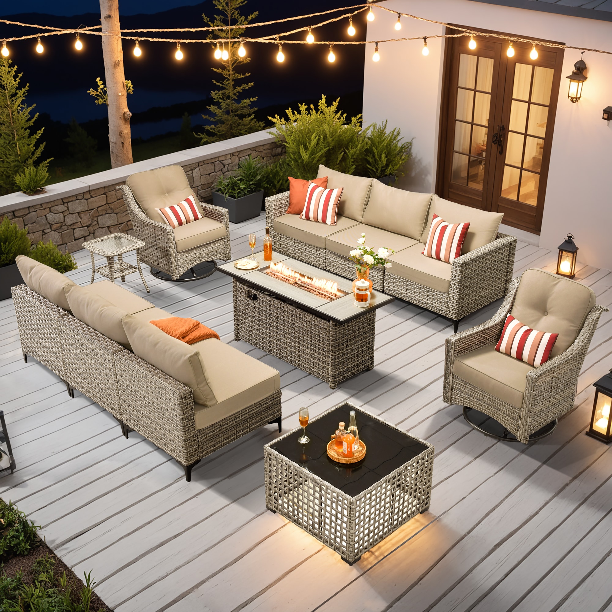 Ovios RFP504-SK60YP 11 -Piece Rattan Patio Conversation Set with Beige Cushions