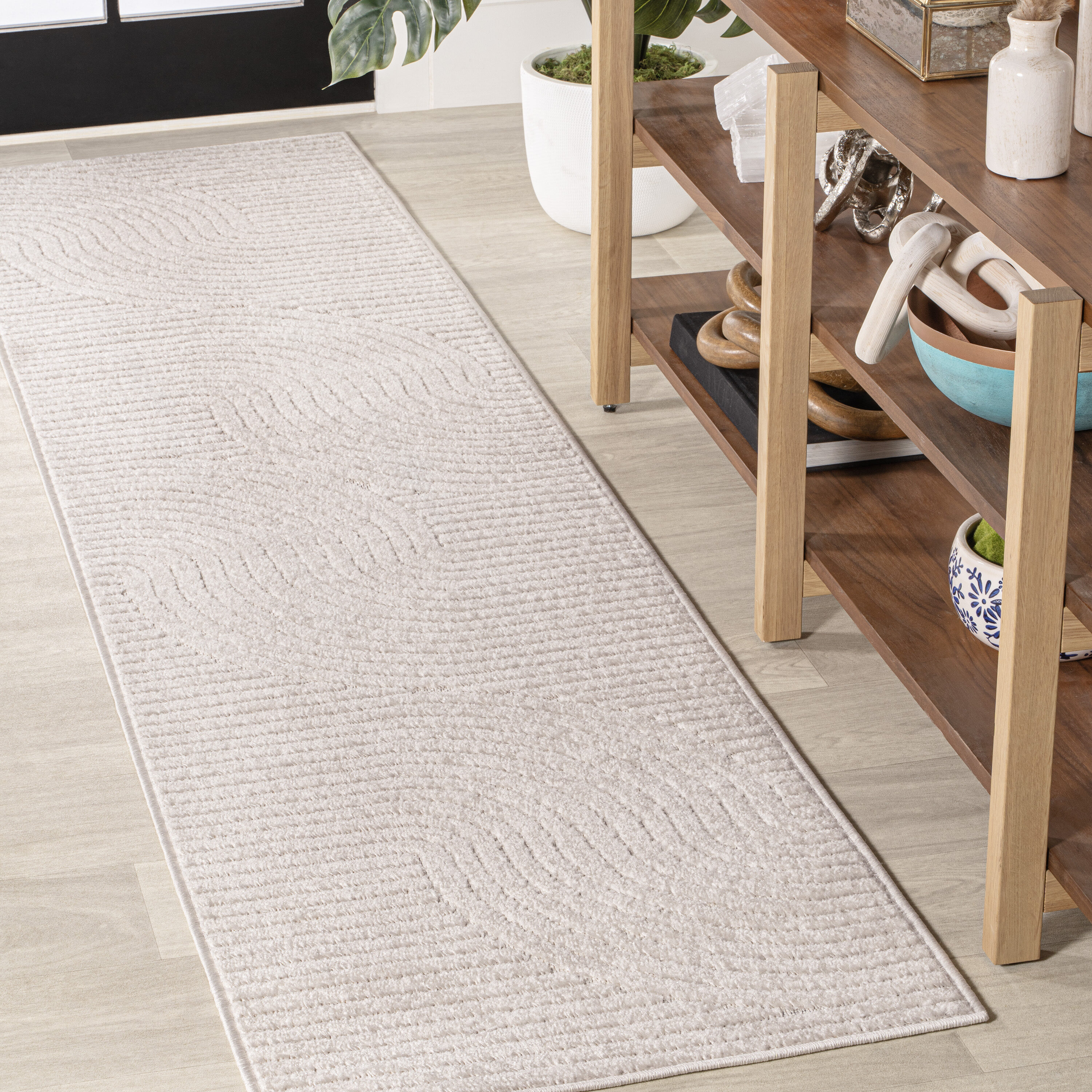JONATHAN  Y SCN100B-28 SCANDINAVIAN Hallie High-Low Minimalist Curve 2 x 8 (ft) Loomed Polypropylene Ivory/Cream Rectangular Indoor/Outdoor Geometric Coastal Runner rug