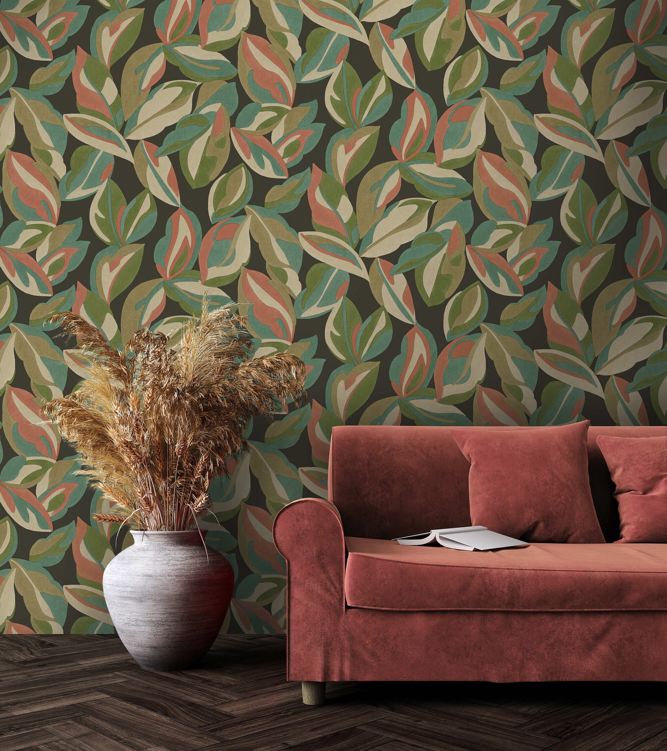 Abstract Leaf Charcoal Non-Pasted Wallpaper Roll