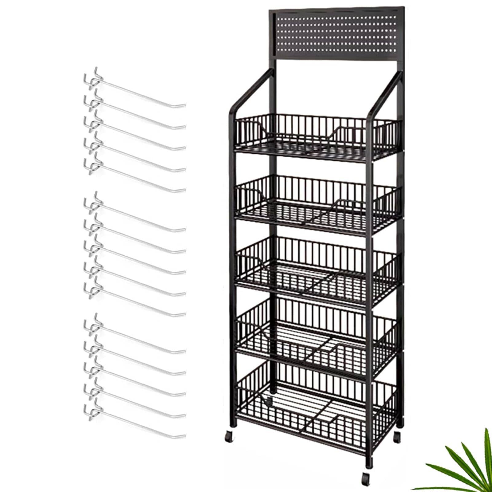 UUDULY  5 Tier Metal Snack Display Rack with Wheels 24inch Wide Chip Snack Stand with 15 Hooks for Kitchen Office Supermarket Black