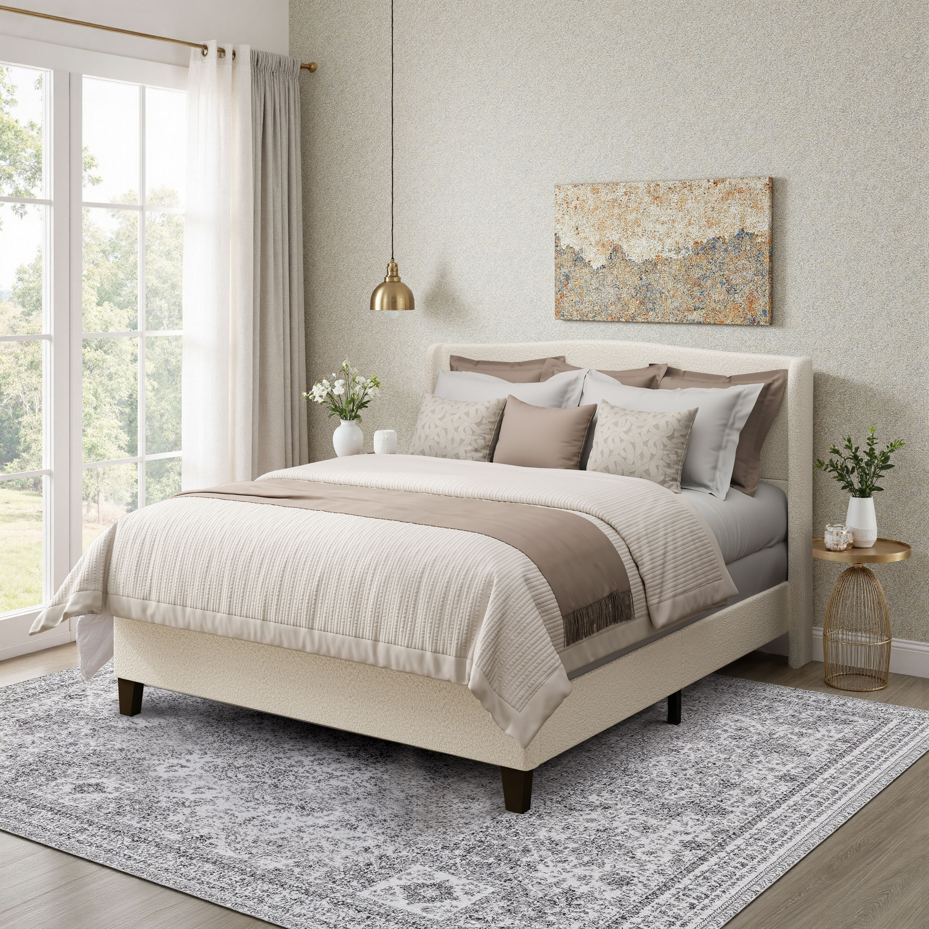 Classic 49.21 Inch High Back Upholstered Headboard King Size Bed Frame White