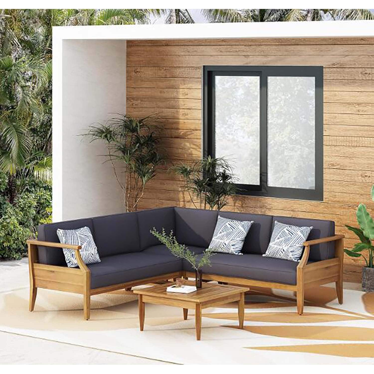 ModernLuxe L-72996.00-1 ASTON 4-PIECE SOFA SET, DARK GRAY Outdoor Sectional with Gray Cushions and Wood Frame