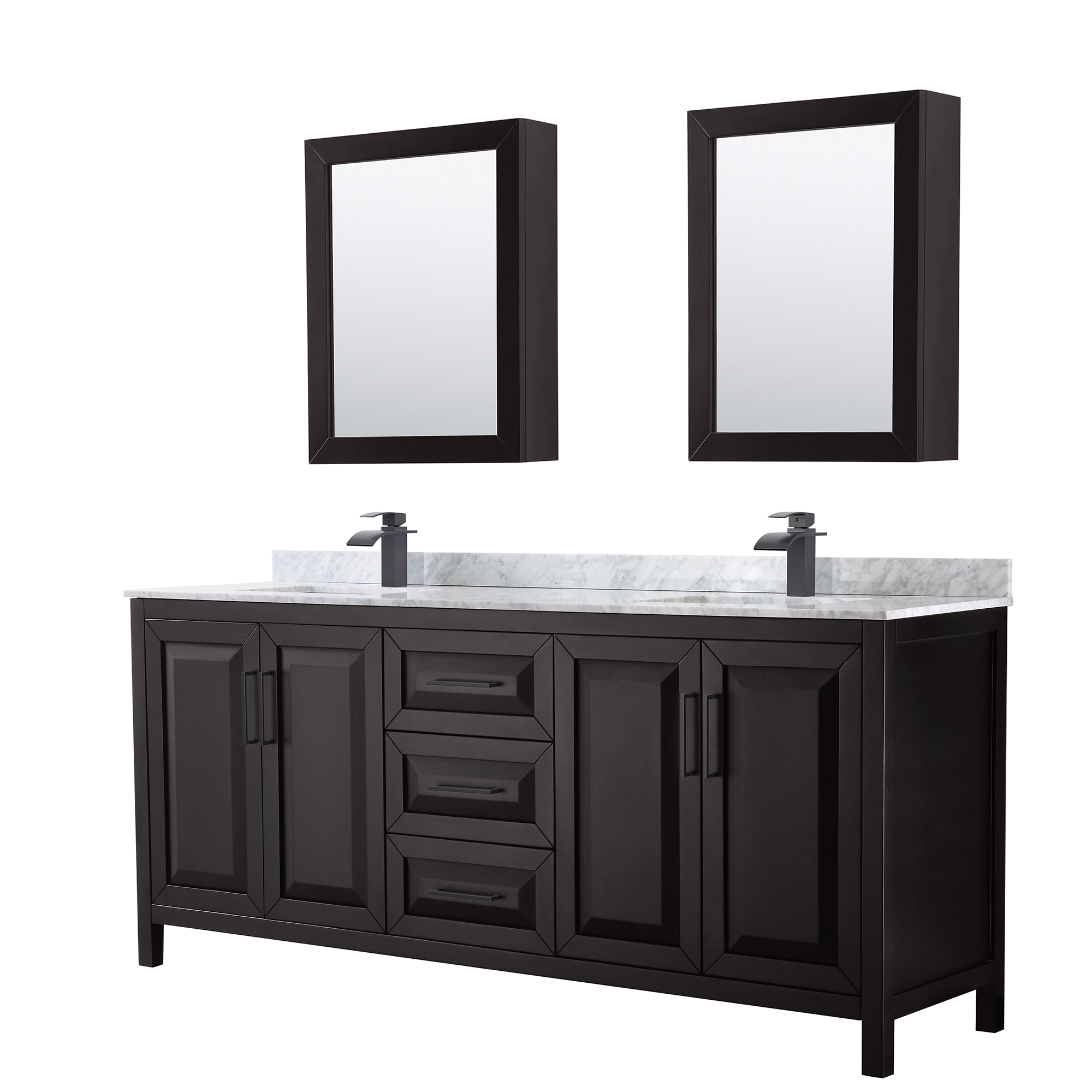 Wyndham Collection Daria 80-in Dark Espresso with Matte Black Trim Undermount Double Sink Bathroom Vanity with White Carrara Marble Natural Marble Top