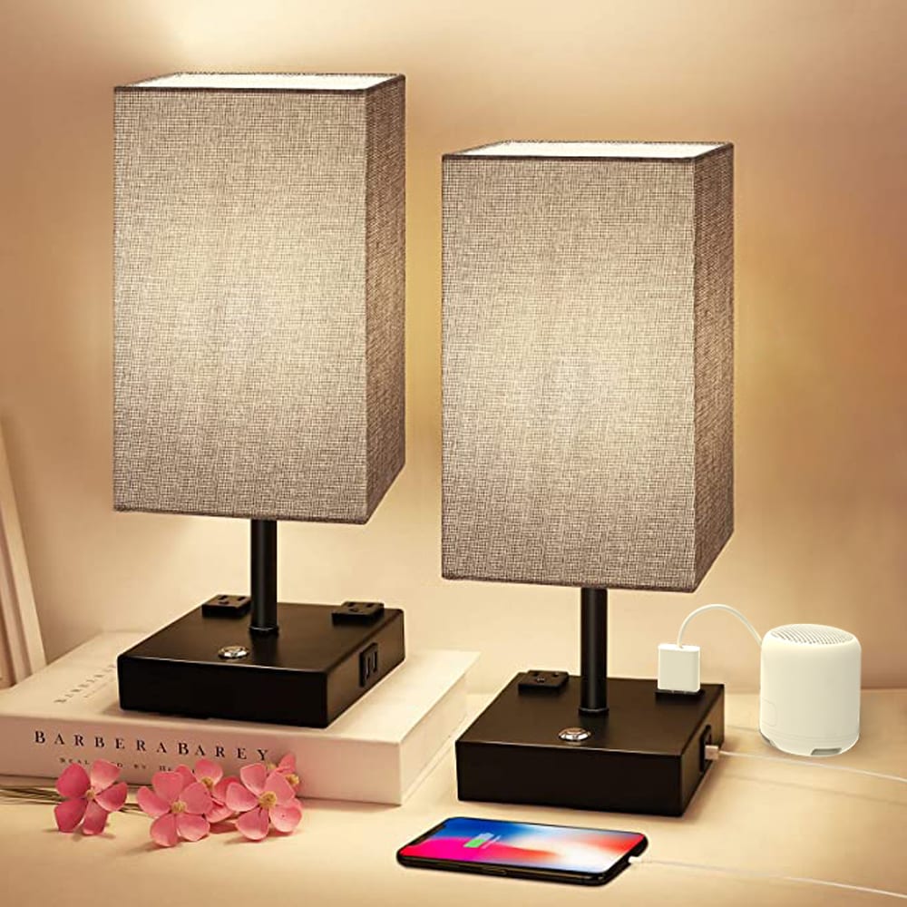 Cedar Hill 15in Gray LED Bulb Touch Switch Table Lamp with Fabric Shade Set of 2