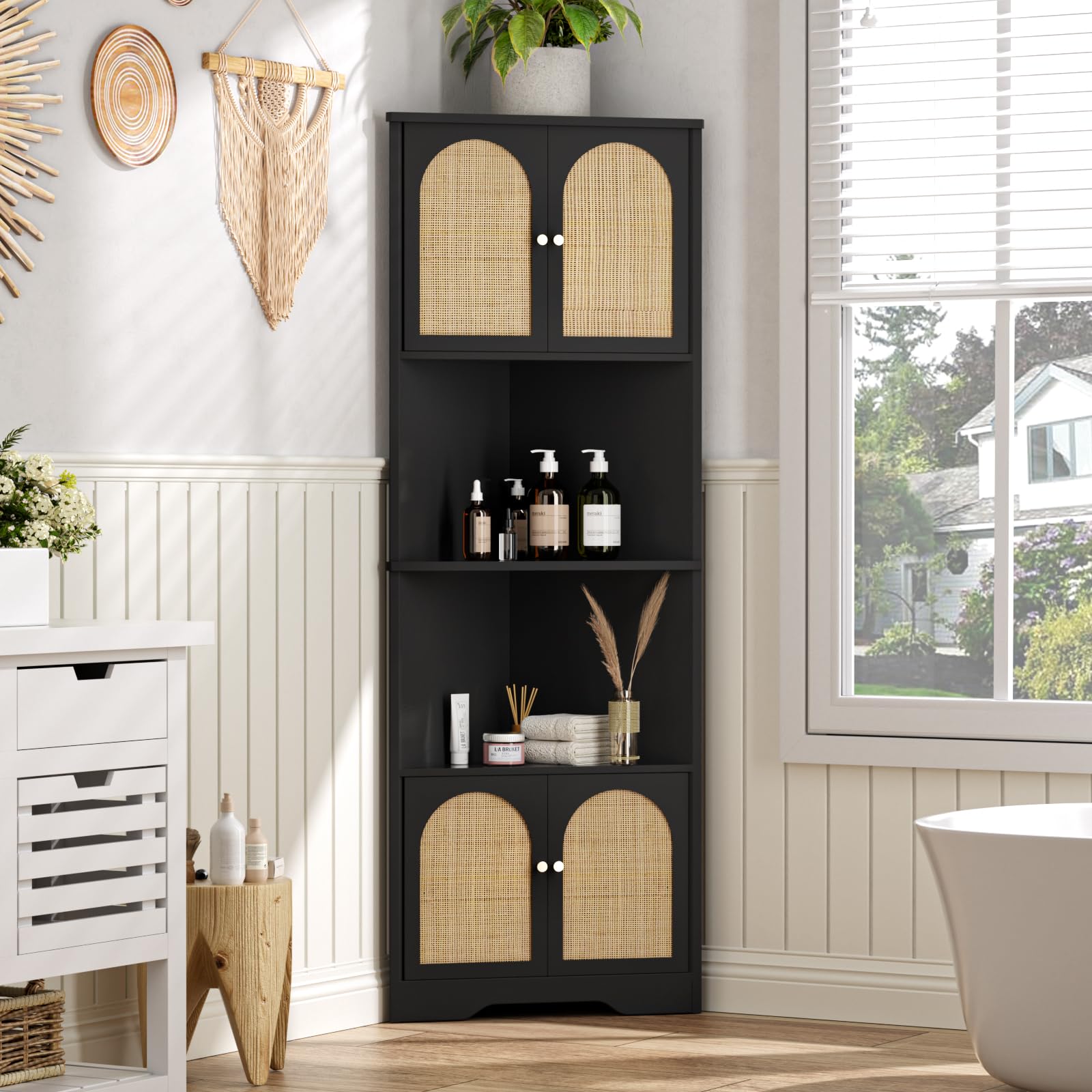 Vabches 67 Inch Tall Corner Cabinet Rattan Door Storage Cabinet with Adjustable Shelves Space Saving Corner Bookshelf Bathroom Kitchen Living Room Organizer Boho Farmhouse Freestanding 12D 23.6W 67H 