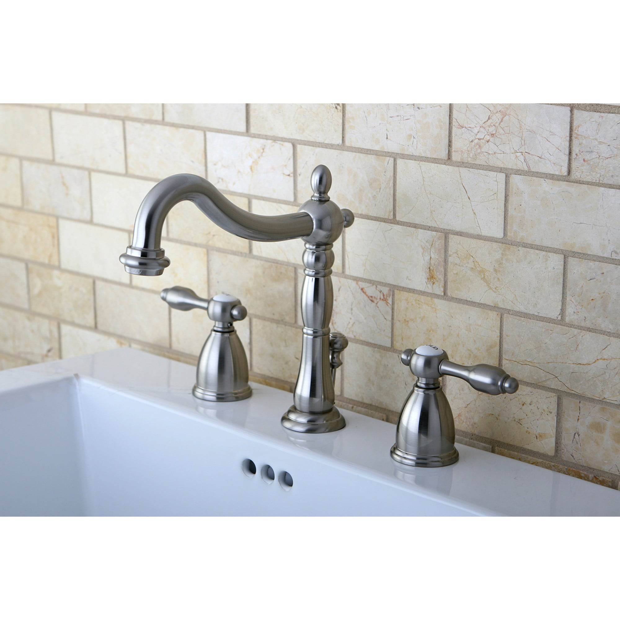 Kingston Brass WLKB1978TAL Tudor Brushed nickel Widespread 2-handle High-arc Residential Handle Bathroom Sink Faucet with Drain