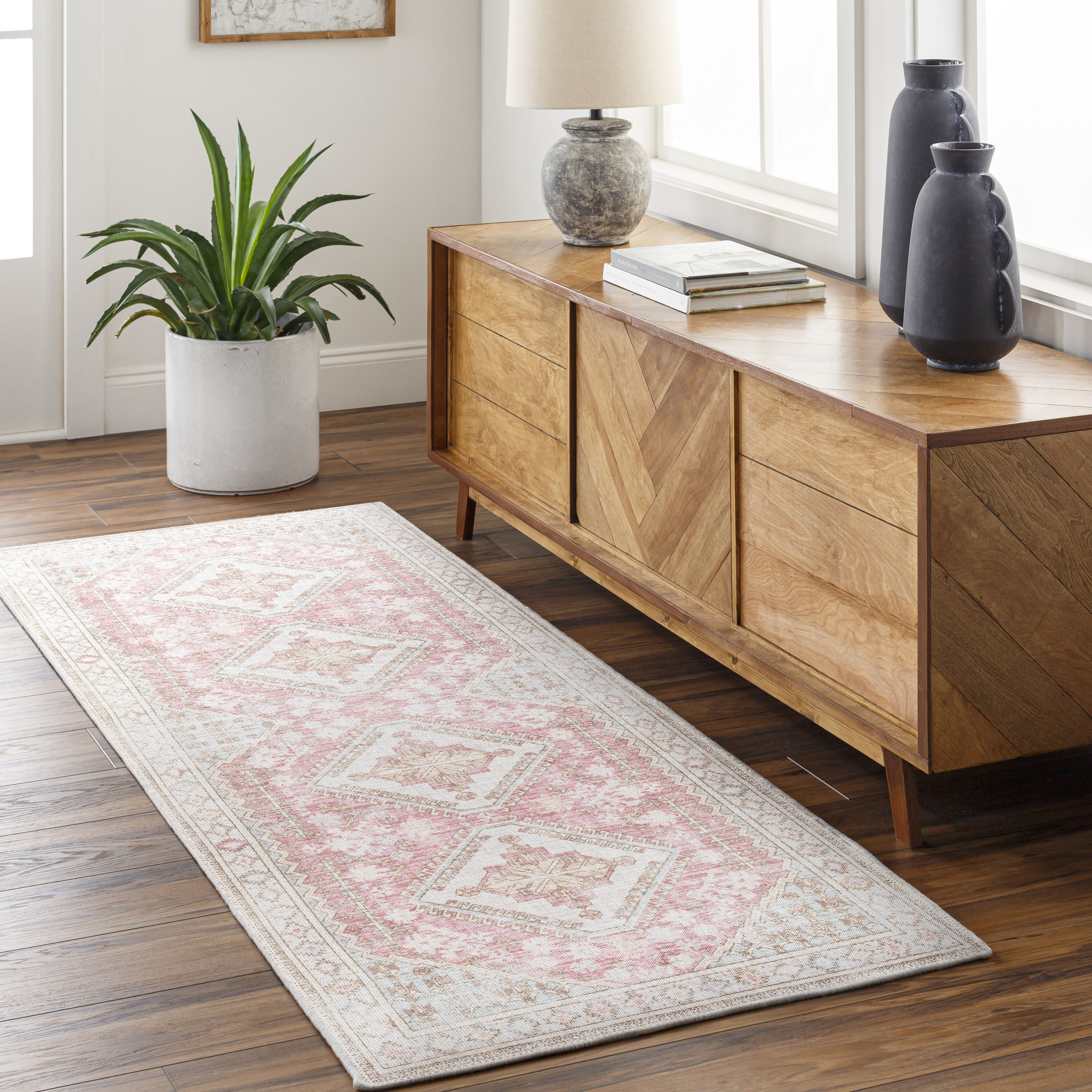 allen + roth 419239 Royal Traditional 5 x 8 (ft) Woven Polyester Pink Rectangular Indoor Medallion Spot clean with mild detergent Area rug