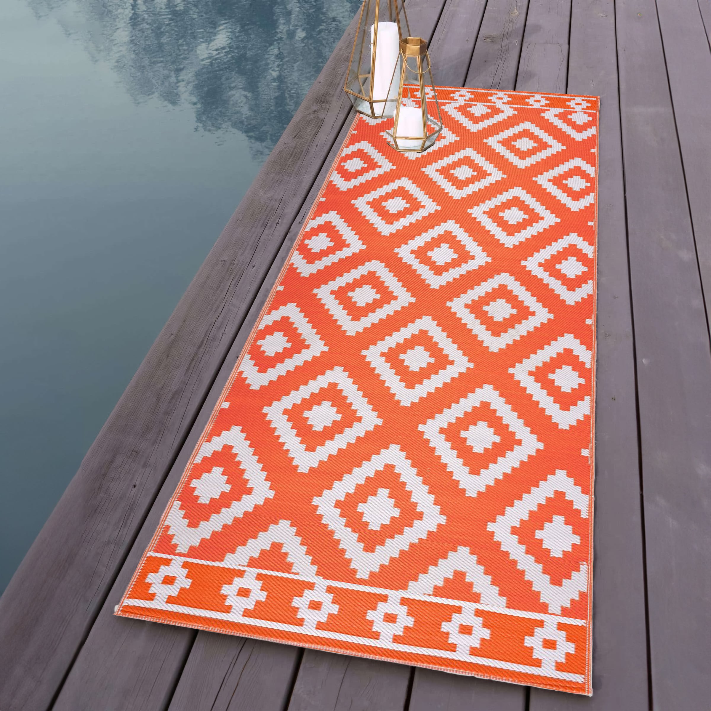 Playa Rug PLY-R-MLN-OW-2X6 2 x 6 (ft) Knotted Polypropylene Milan-OrangeWhite Rectangular Indoor/Outdoor Geometric Area rug