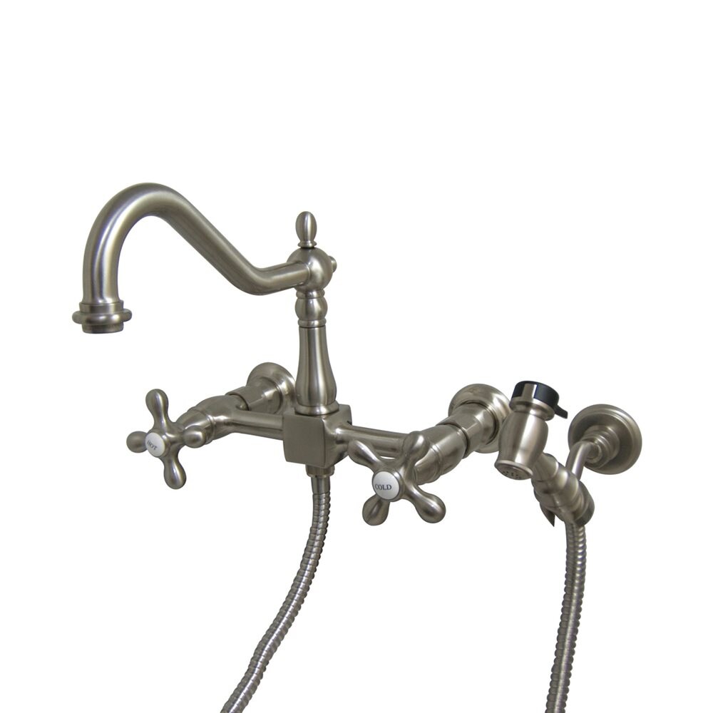 Elements of Design Satin Nickel Double Handle Wall-mount Bridge Kitchen  Faucet with Side Spray Included