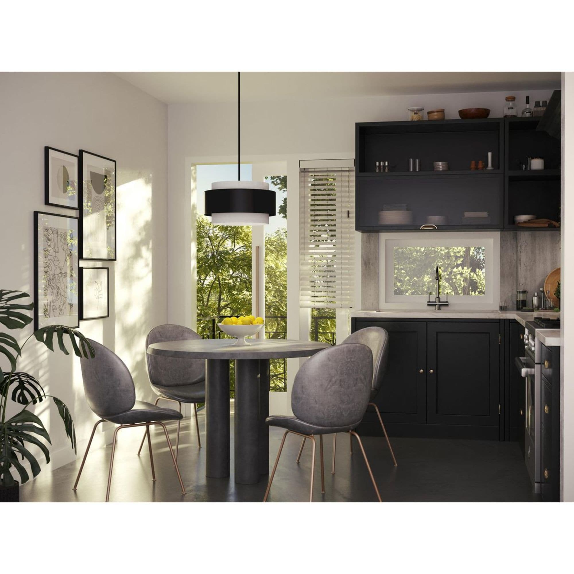 Silva Matte Black and White Linen Drum Pendant Light