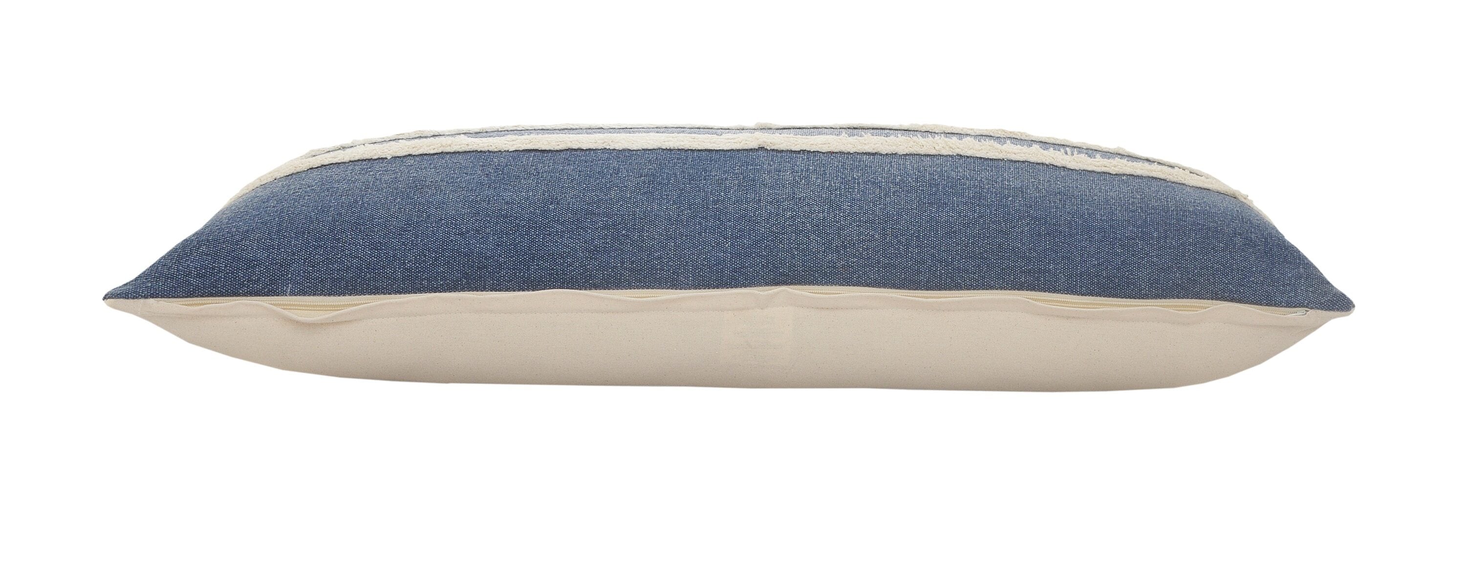Dusty Blue and White Striped Tufted Lumbar Throw Pillow, 14" x 36"