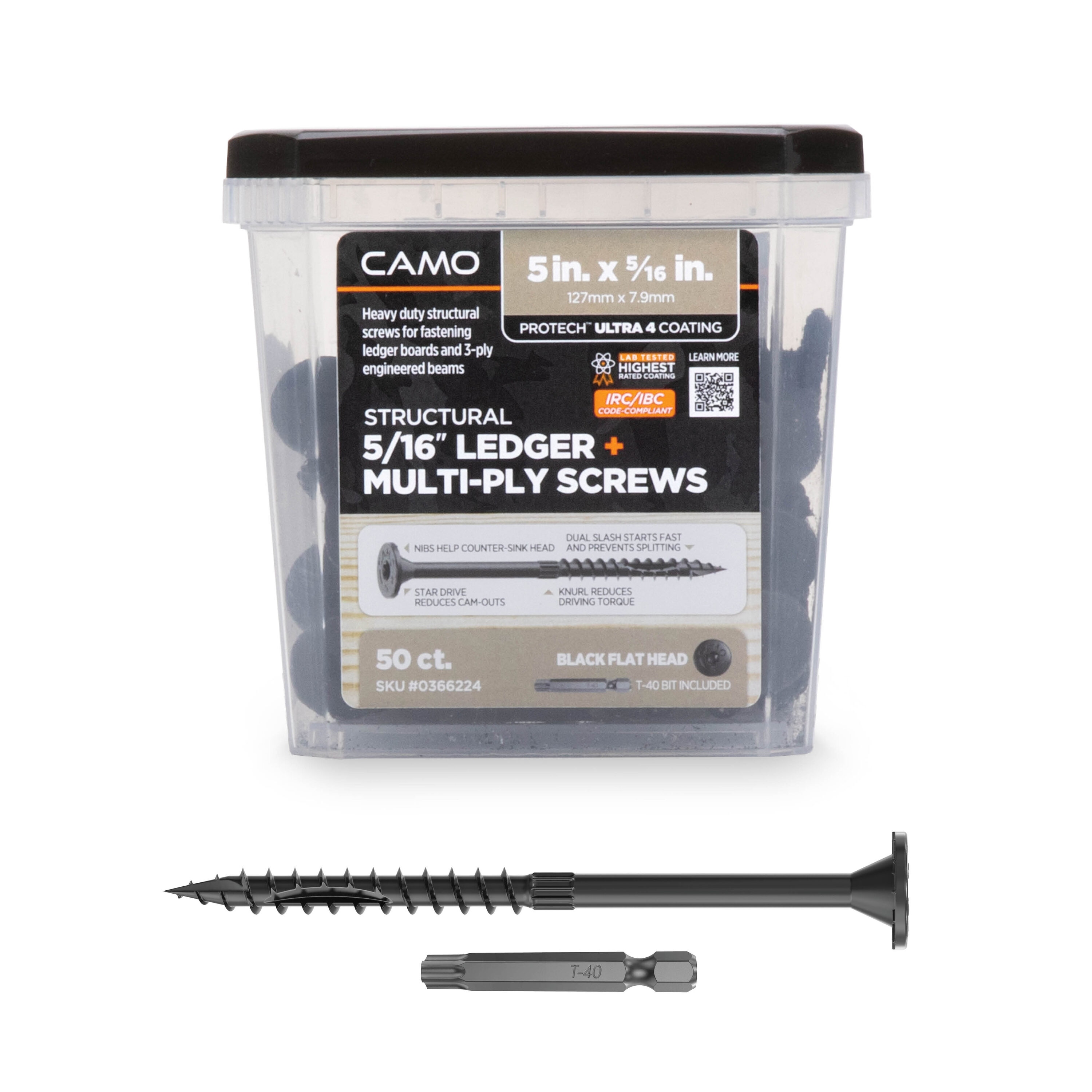CAMO 0366224 5/16-in x 5-in Black Polymer Flat -Head Exterior Structural wood screws 50 -Pack