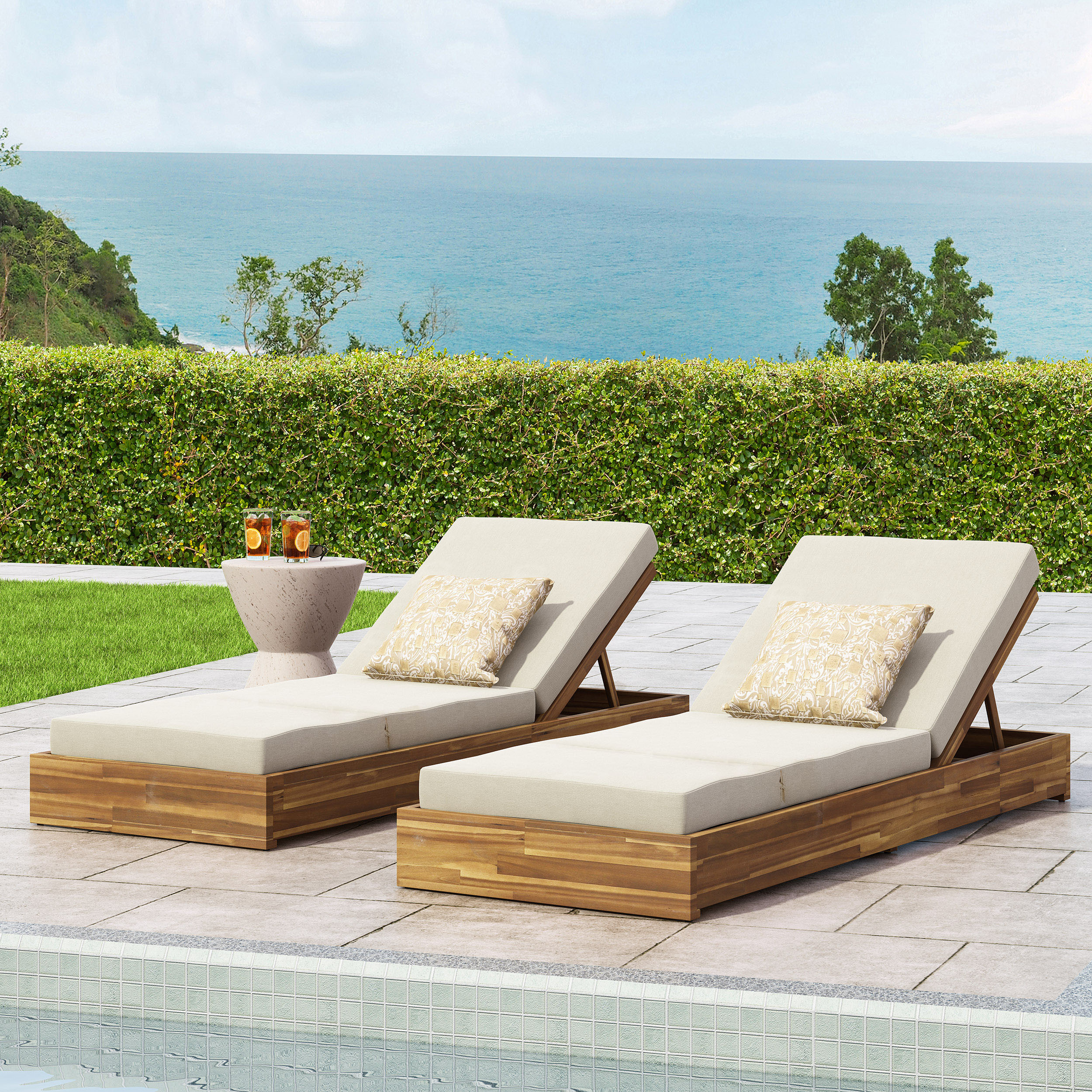 Christopher Knight Home 320163 Mossbloom Outdoor Acacia Wood Adjustable Chaise Lounges with Cushions (Set of 2) Teak and Cream