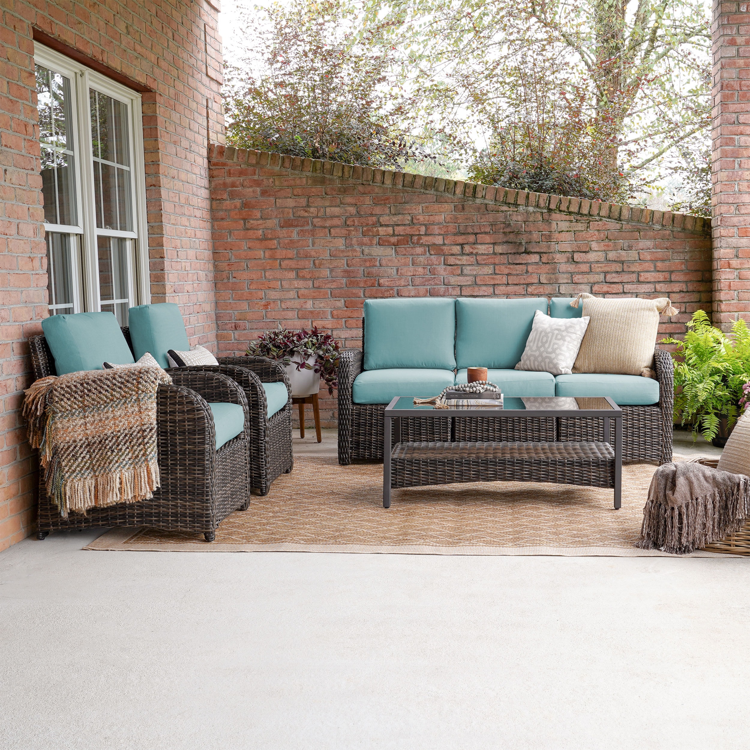 Leisure Made 673886-BLU Jackson 6 -Piece Wicker Patio Sofa Conversation Set with Blue Cushions