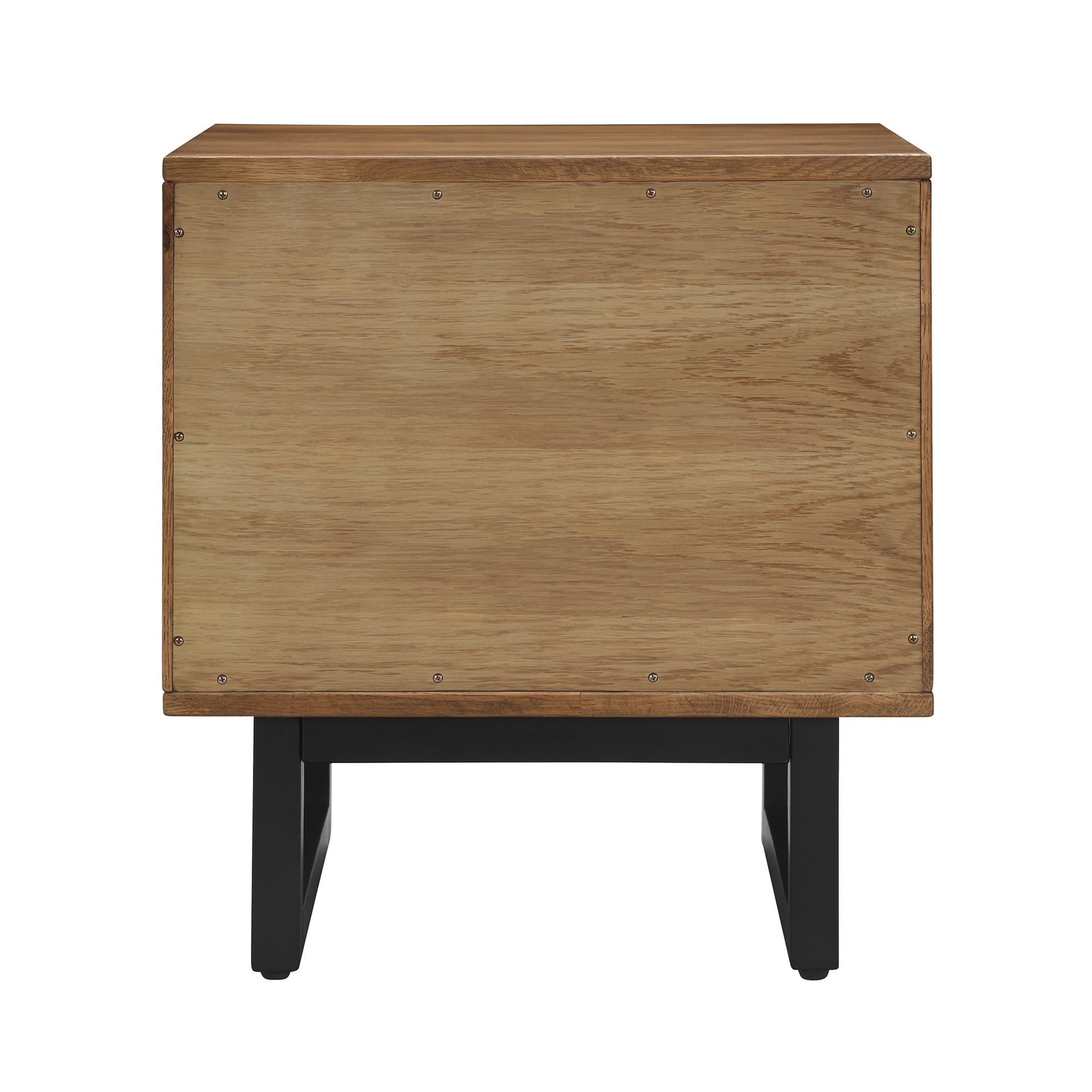 Brown Oak Wood Nightstand with Black Metal Base and Drawer