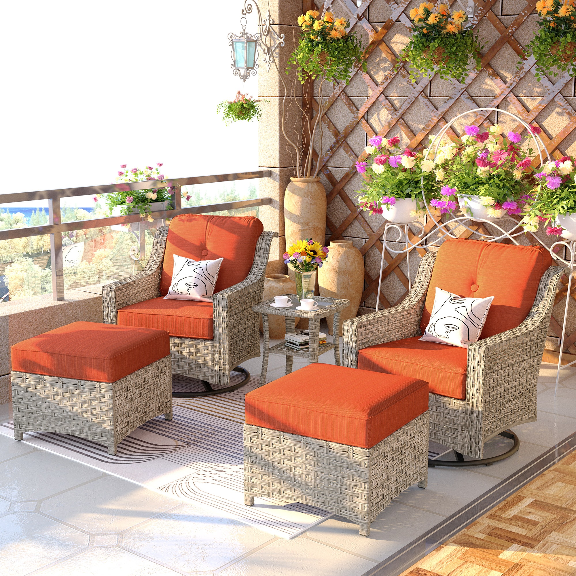 Ovios PD8-5Y Set of 2 Wicker Black Metal Frame Swivel glider Conversation Chair with Orange Cushioned Seat