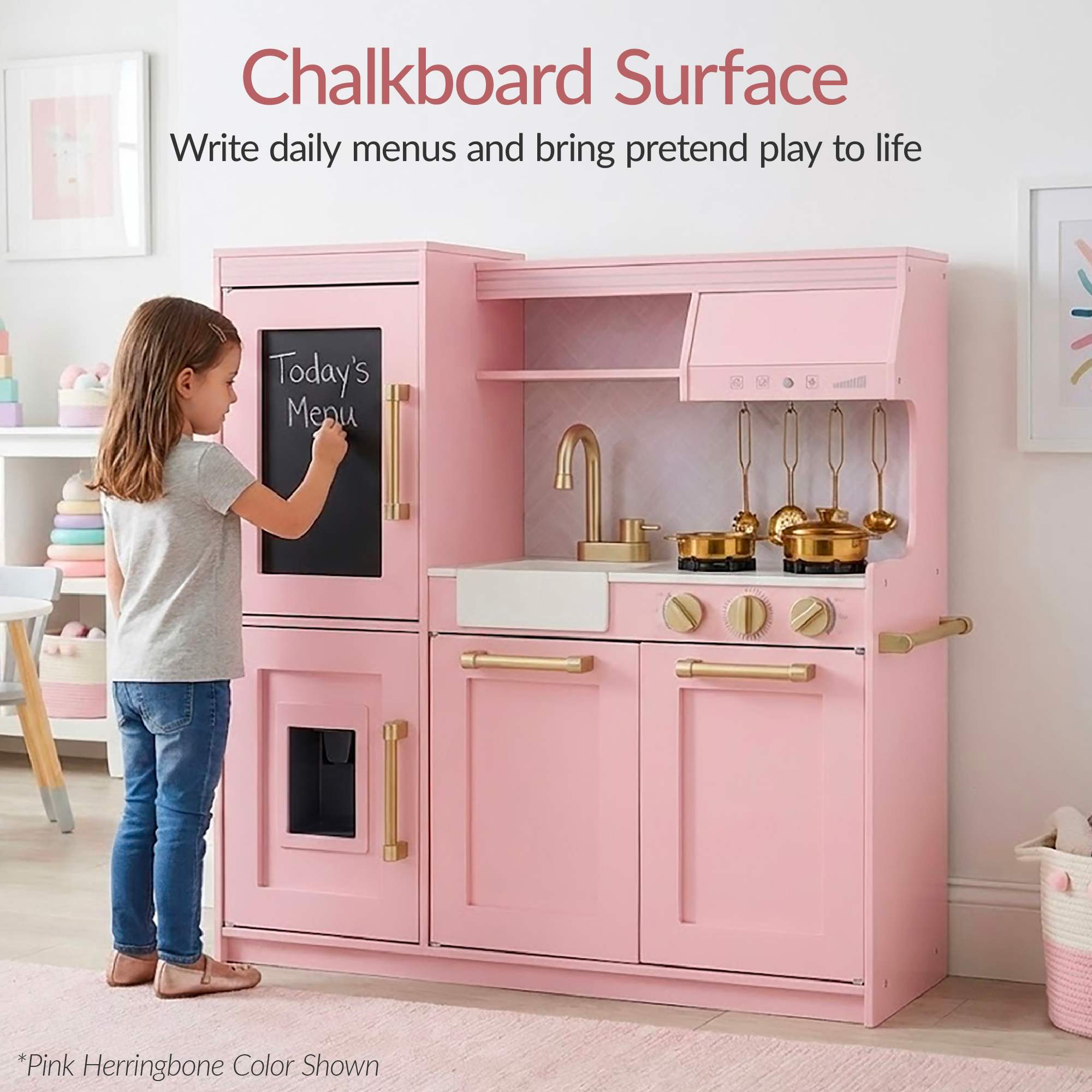 ぺこちゃん専用　薔薇の花柄 木製スツール とキッチンラック Best Choice Products Pretend Play Kitchen with Framed Chalkboard