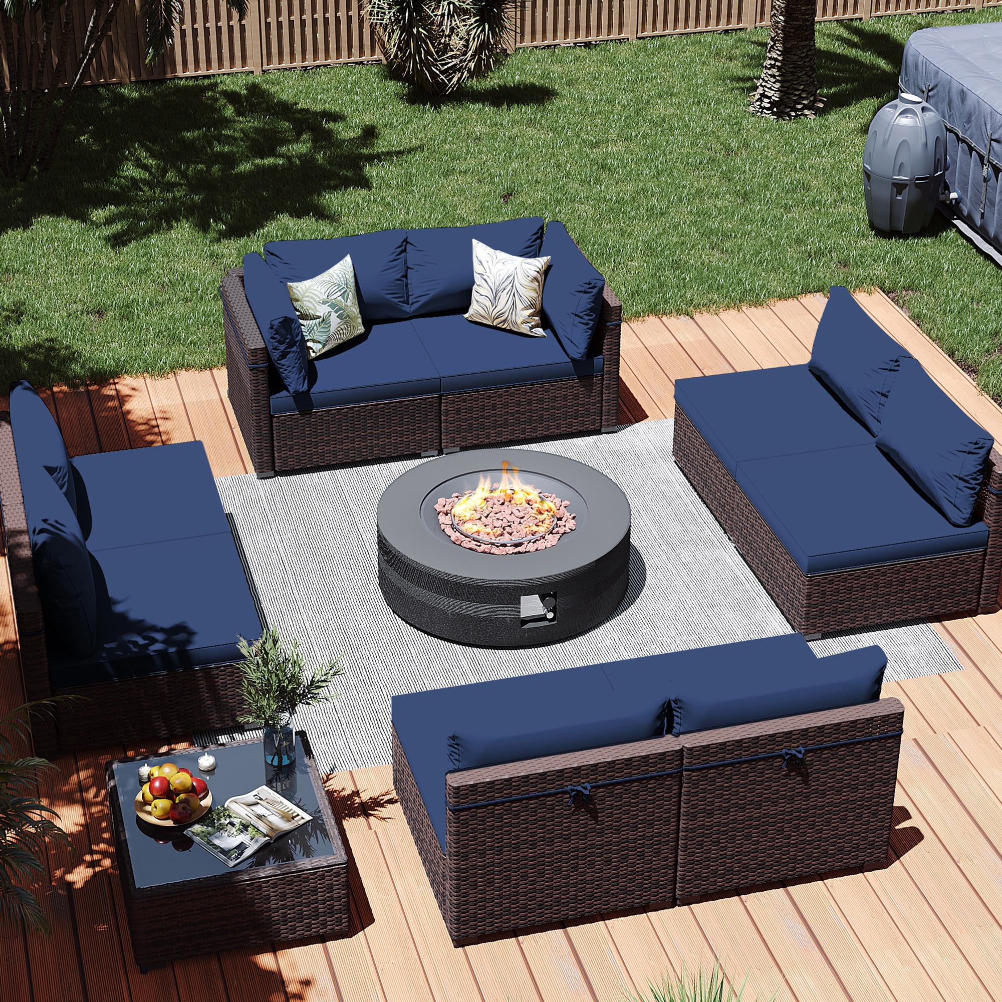 Patio Watcher LS-RT9-42XWDK-B2 10 -Piece Rattan Patio Conversation Set with Blue Cushions