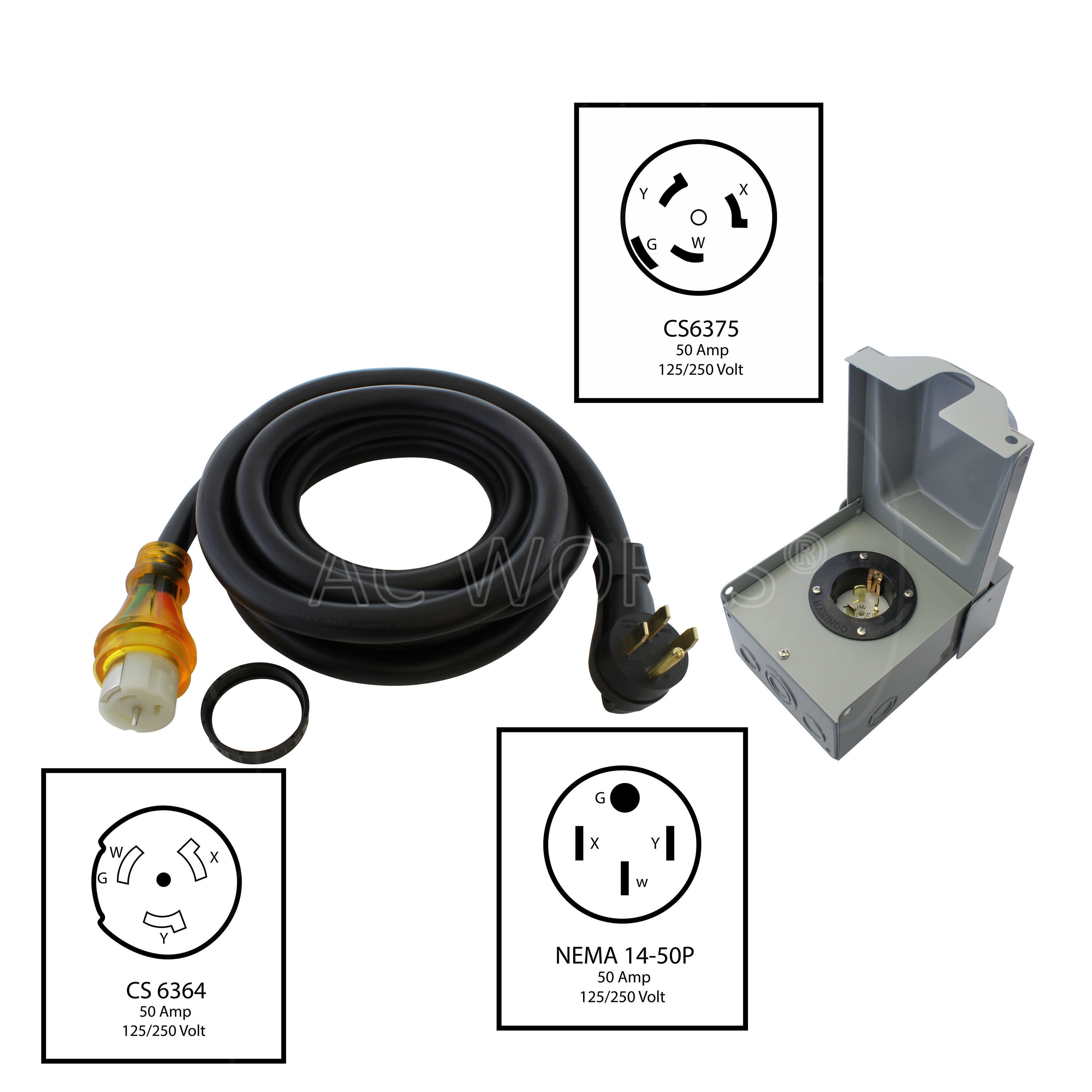 25FT Generator RV Extension Cord + Power Inlet Box Combo Kit 50Amp