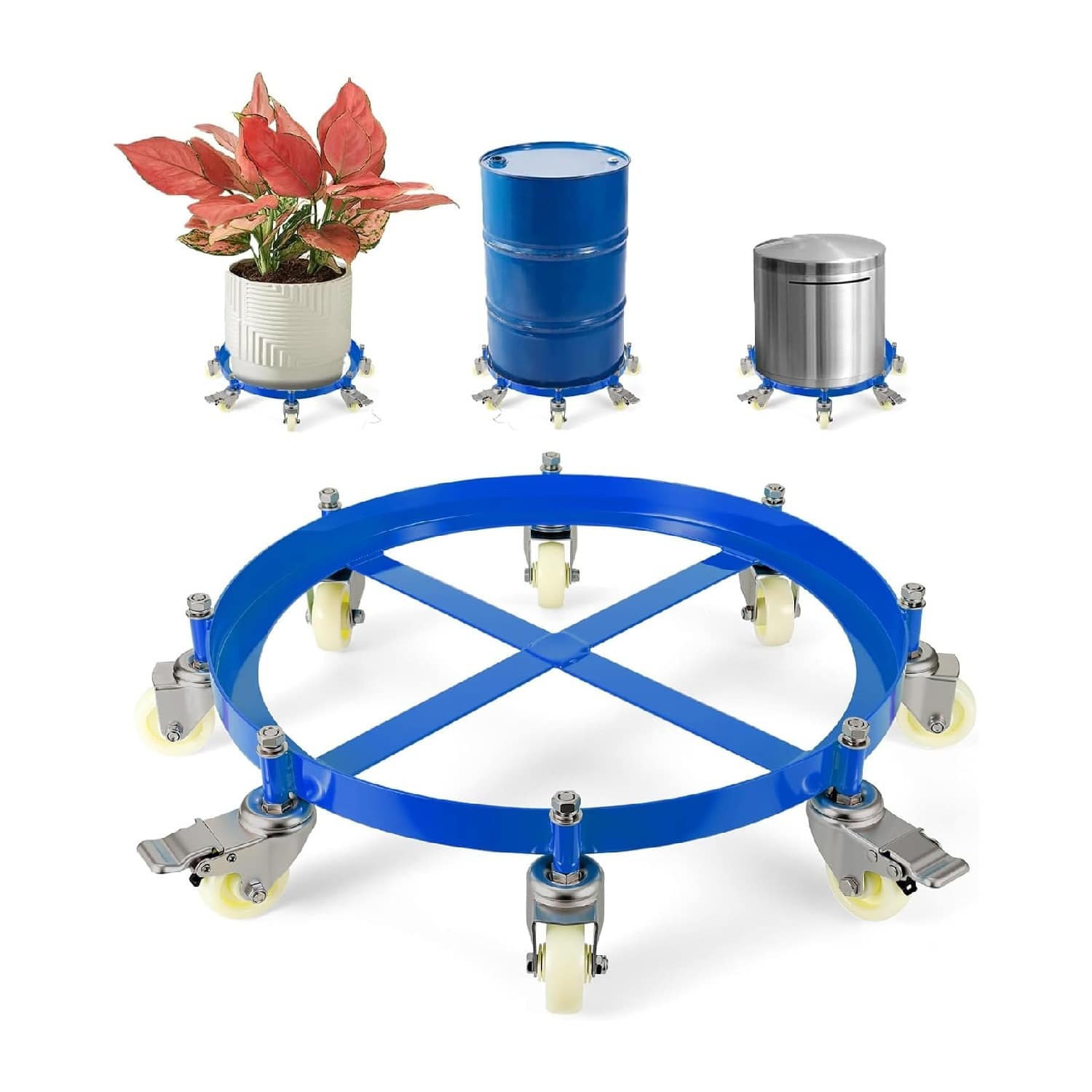 Qeetex GGL-PLS-33977LSL 8-Wheels 55 Gallon Heavy Duty Drum Dolly 2000 Pound Capacity Barrel Dolly Cart Drum Caddy with Cross Braces Swivel Casters Wheel Non Tipping Design Barrel Cart with Brake for Warehouse Drum Handling-Blue