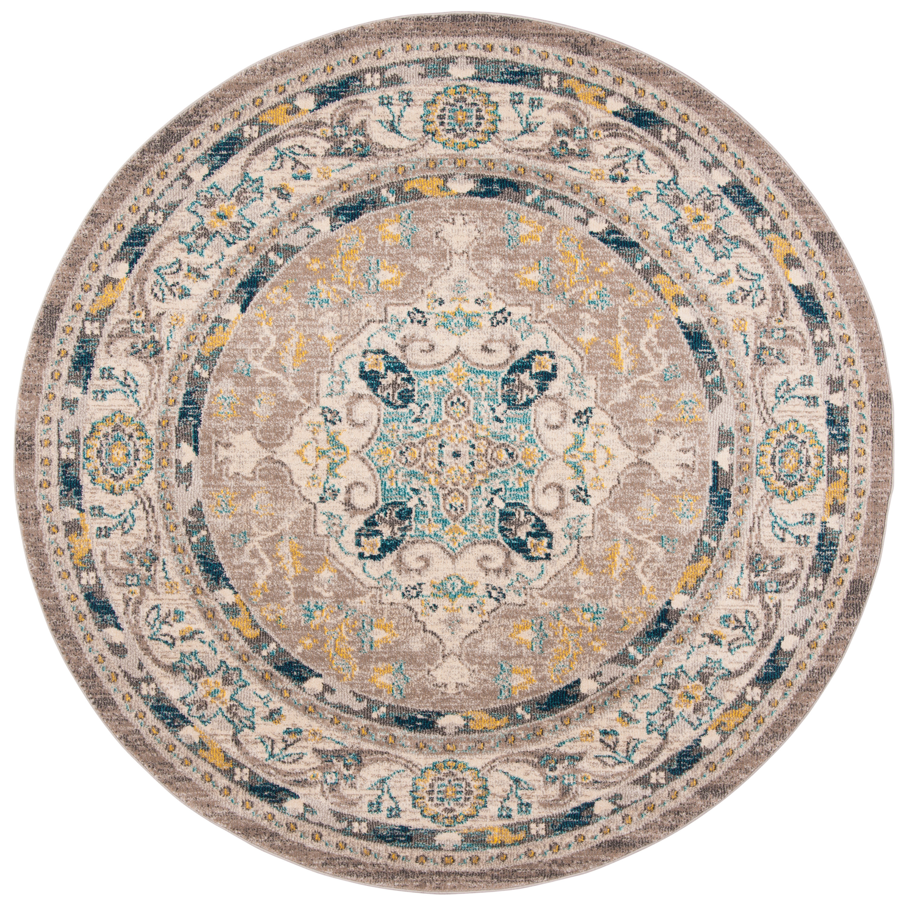 Safavieh PHX154F-7R Phoenix Khan 7 x 7 (ft) Loomed Polypropylene Ivory/Gray Round Indoor Medallion Oriental Area rug