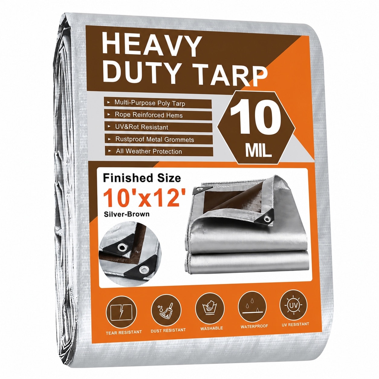 Etokfoks  10 ft W x 12 ft L Heavy Duty Poly Tarp Waterproof UV Resistant Tear Fade Outdoor Tarpaulin for Roof Pool Boat