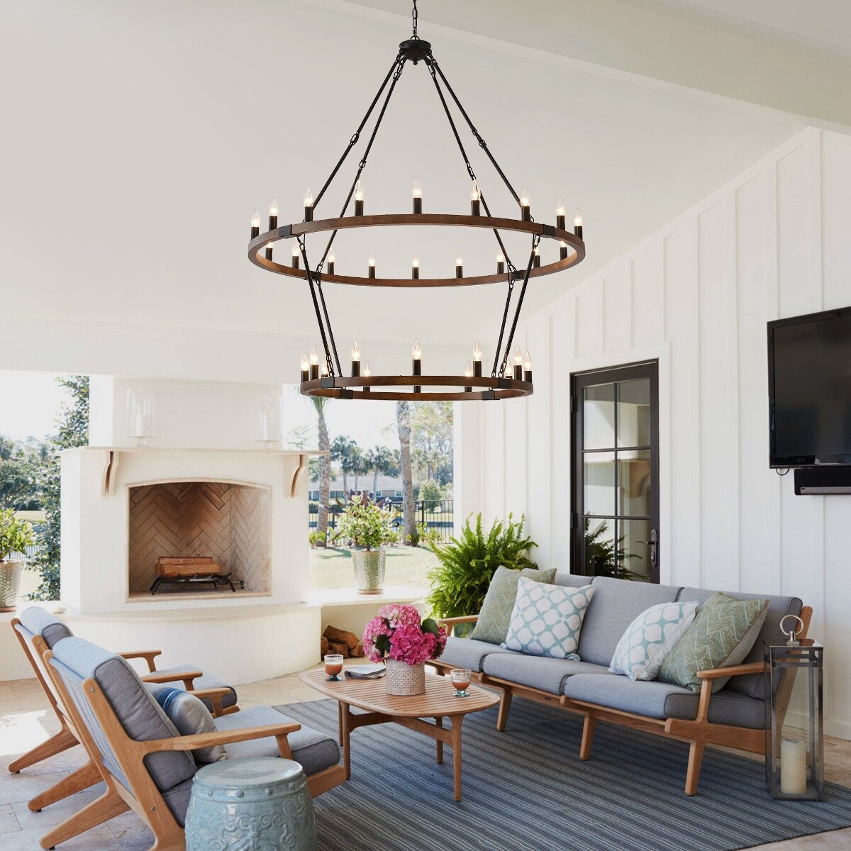 Ropilly  Large Wagon Wheel Chandelier 32 Light Farmhouse Wood and Metal Pendant for High Ceilings