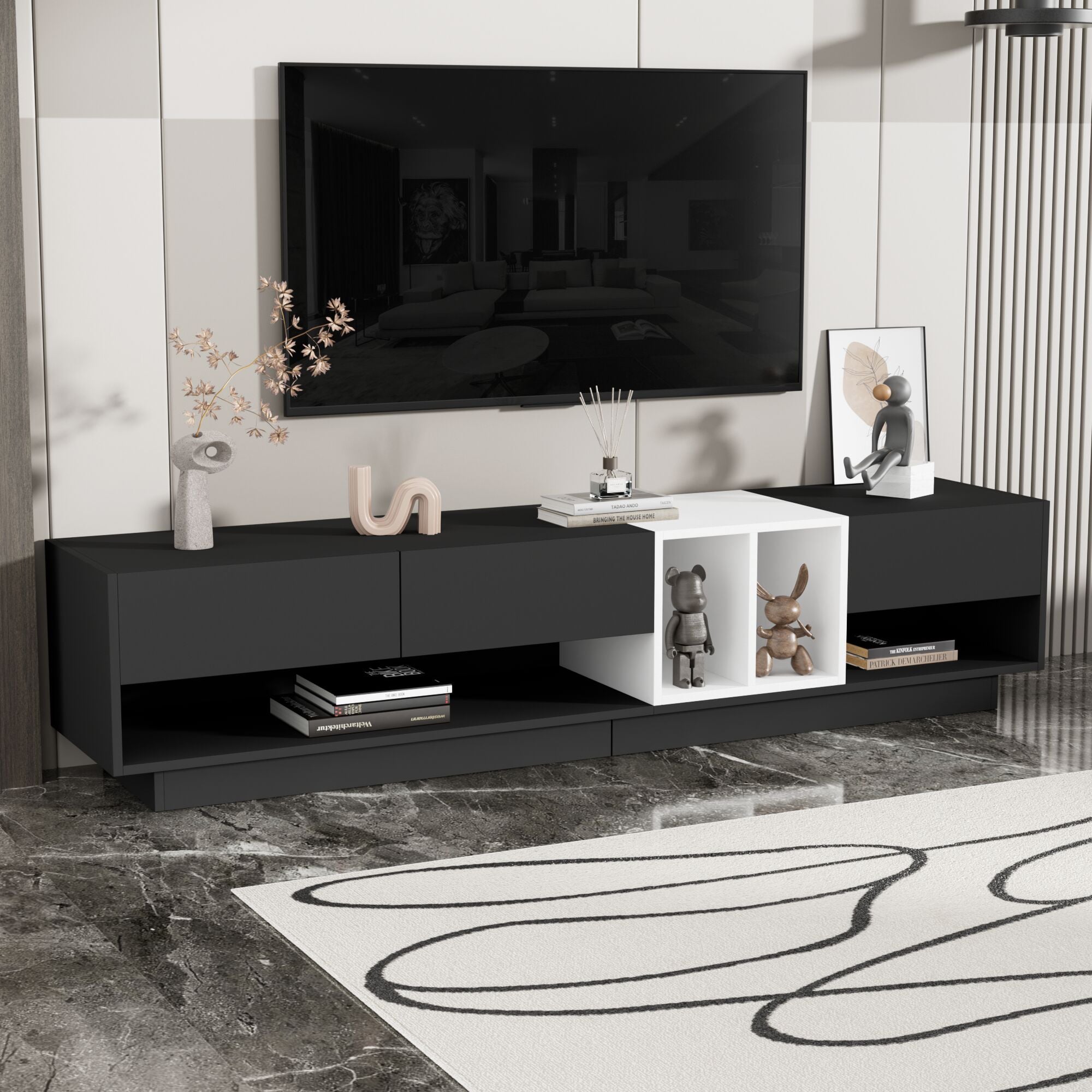 ModernLuxe WF311772AAB Sleek and Stylish TV Stand with Perfect Storage Solution Twotone Media Console for TVs Up to 80inch Functional TV Cabinet with Versatile Compartment for Living Room Black