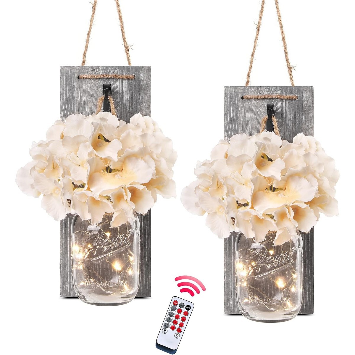 HEKCUIX  2 Pack Rustic Mason Jar Wall Sconces with LED String Lights Remote Timer Grey Wooden Farmhouse Decor for Living Room Bedroom