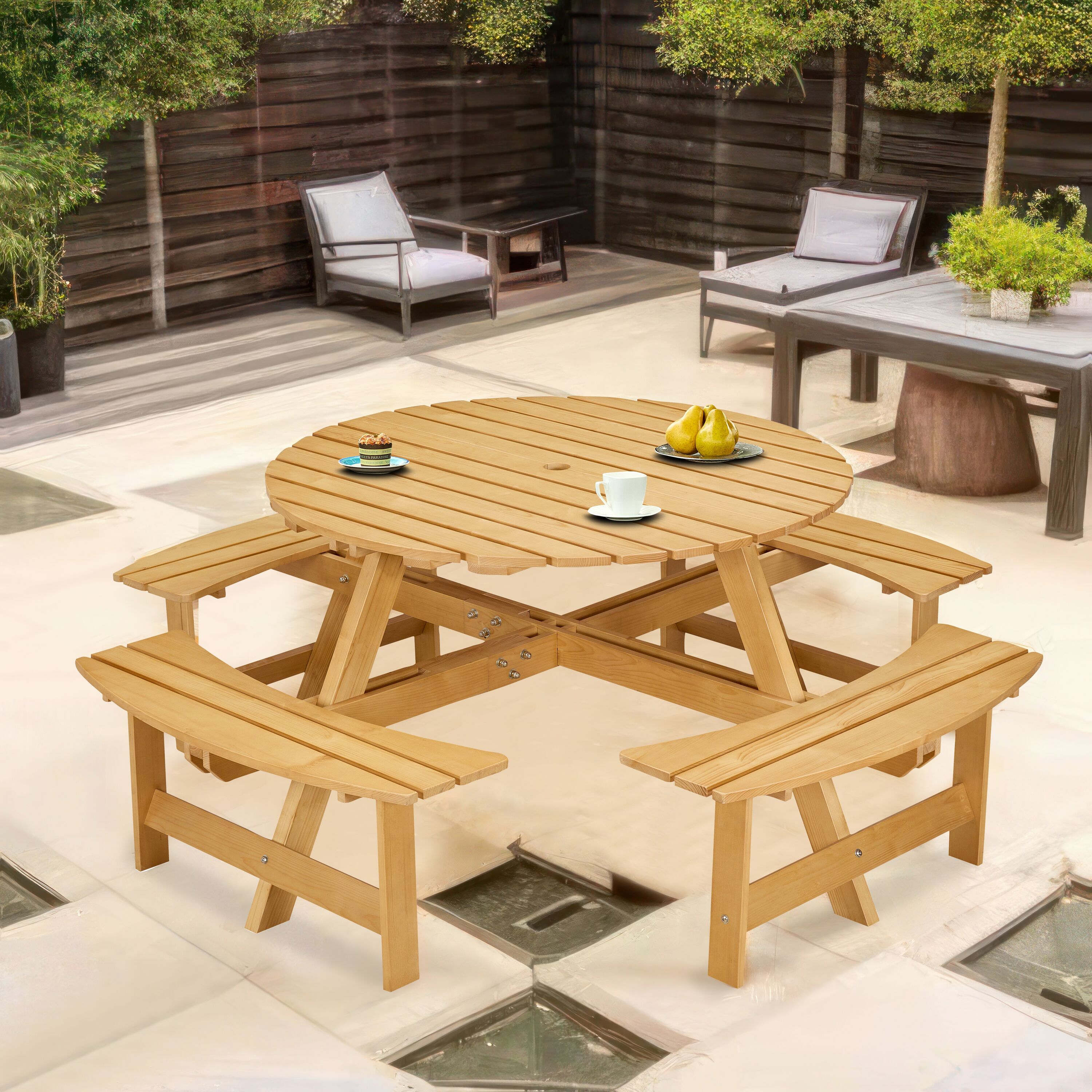 Mondawe MA-GCABQ-1763BYB 5 -Piece Natural Patio Dining Set Wood Round Table with 4 Stationary Chairs