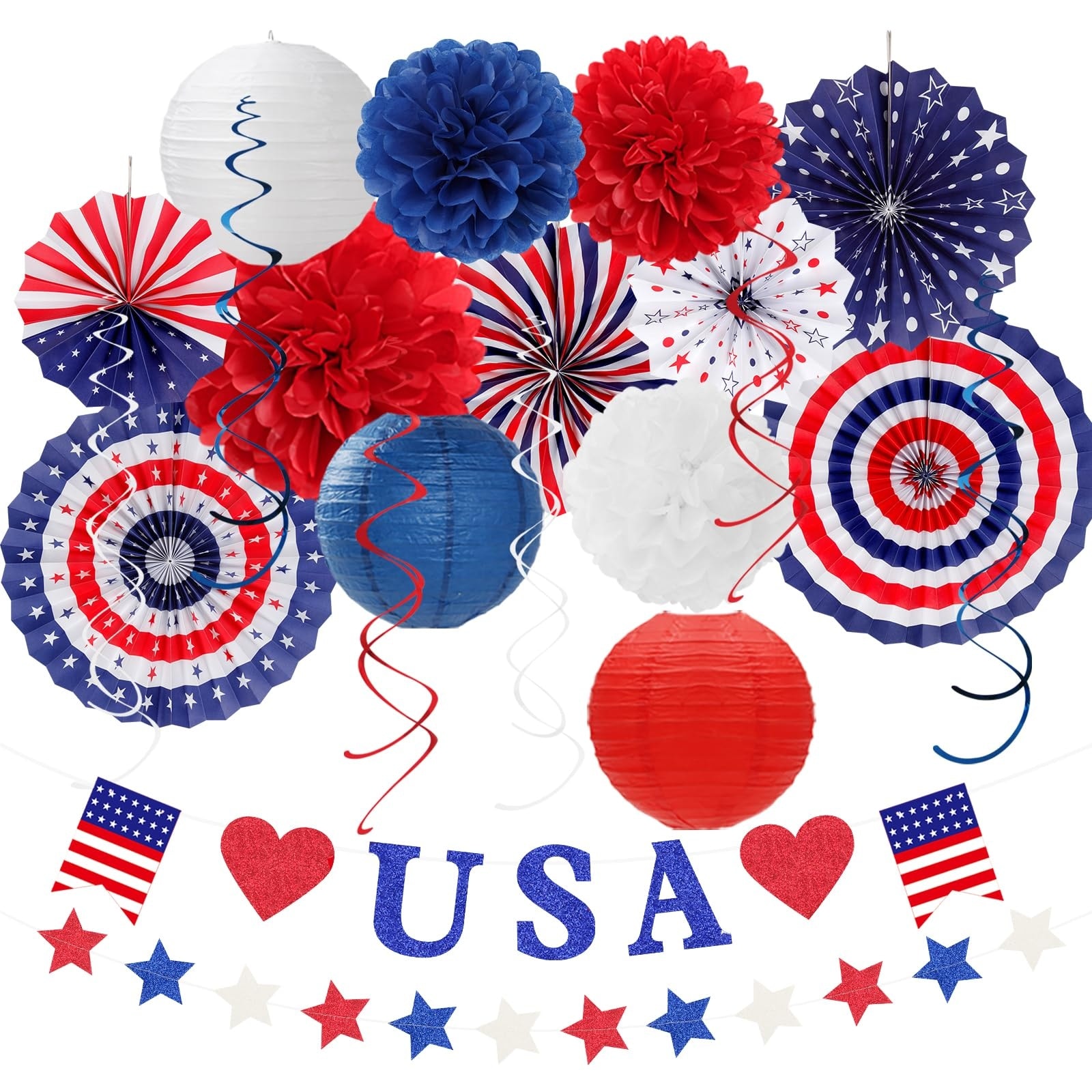 Afoxsos  Red White Blue Patriotic Decorations Kit 21pcs Fourth of July Banner Garland Paper Lanterns Pom Poms Fans Streamers for Memorial Day