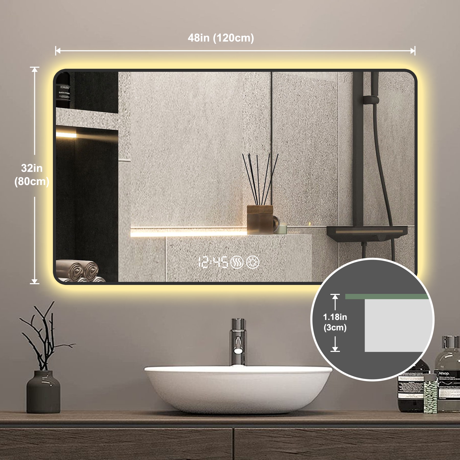 AAZJ LD-P242468 Black frame wall mirror 32-in x 48-in Beveled Rectangle Dimmable LED Lighted Fog Free Bathroom Vanity Mirror ( Black )