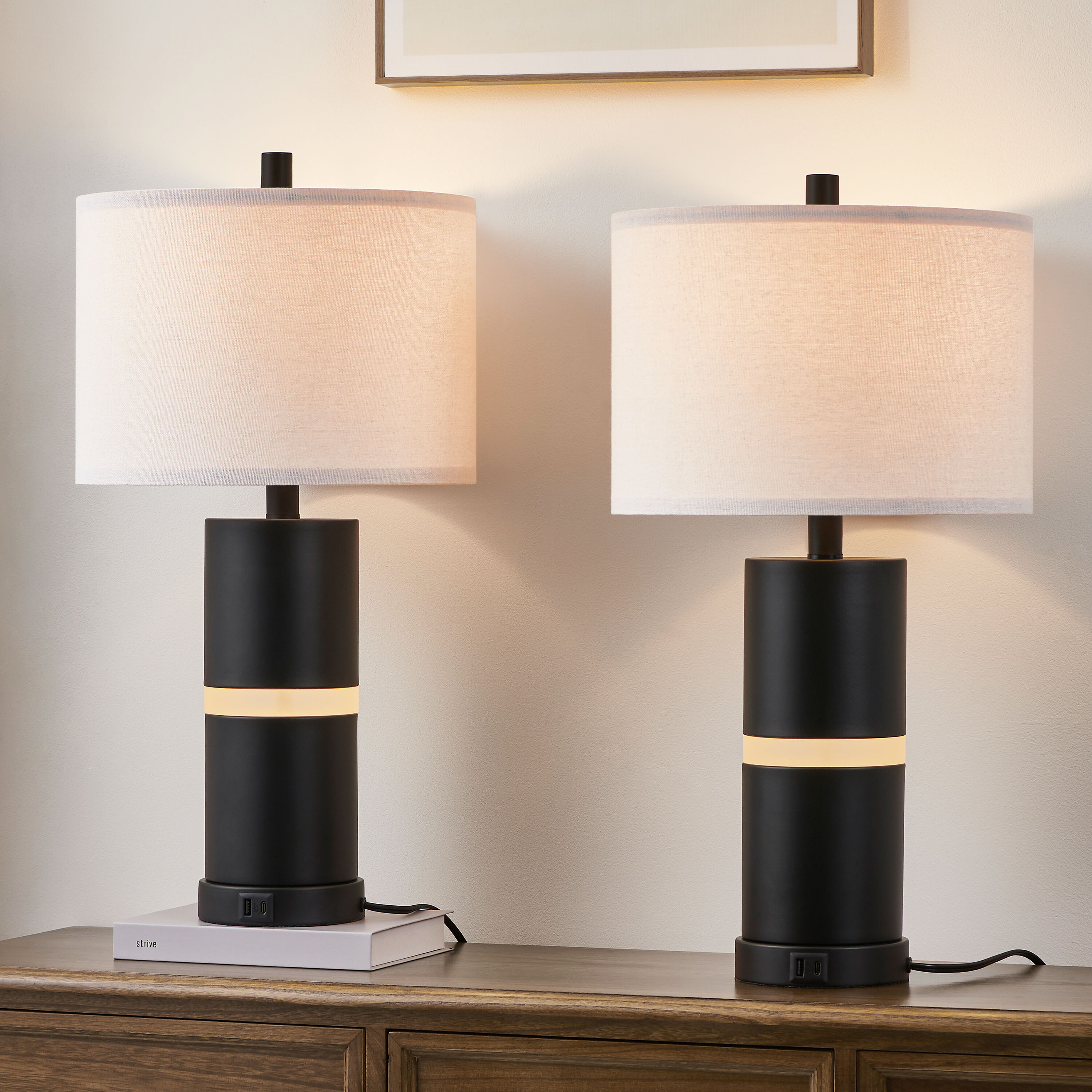 KAWOTI 21365 Aureole 23-in Black LED 3-way Table Lamp with Fabric Shade 2 -Set