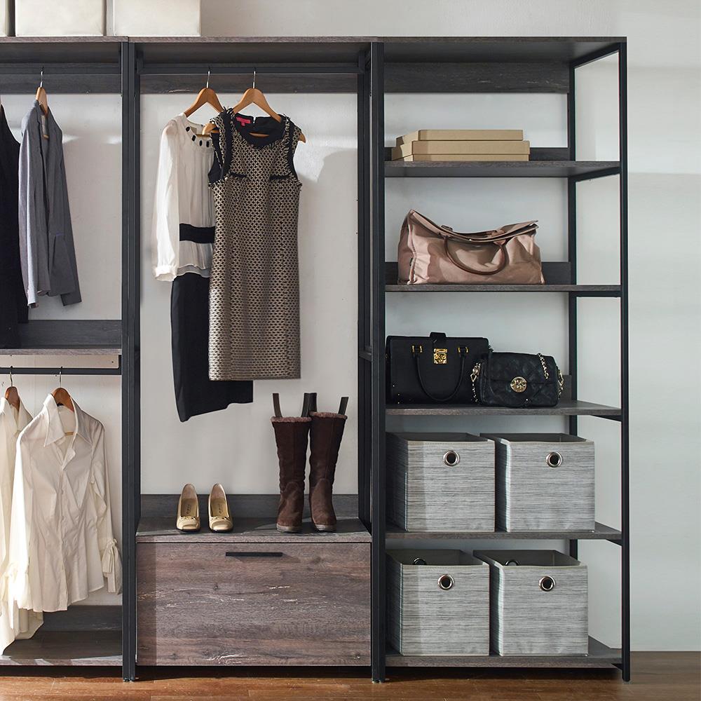 Klair Living Monica Wood and Metal Walk-In Closet with 5 Shelves in Rustic Gray