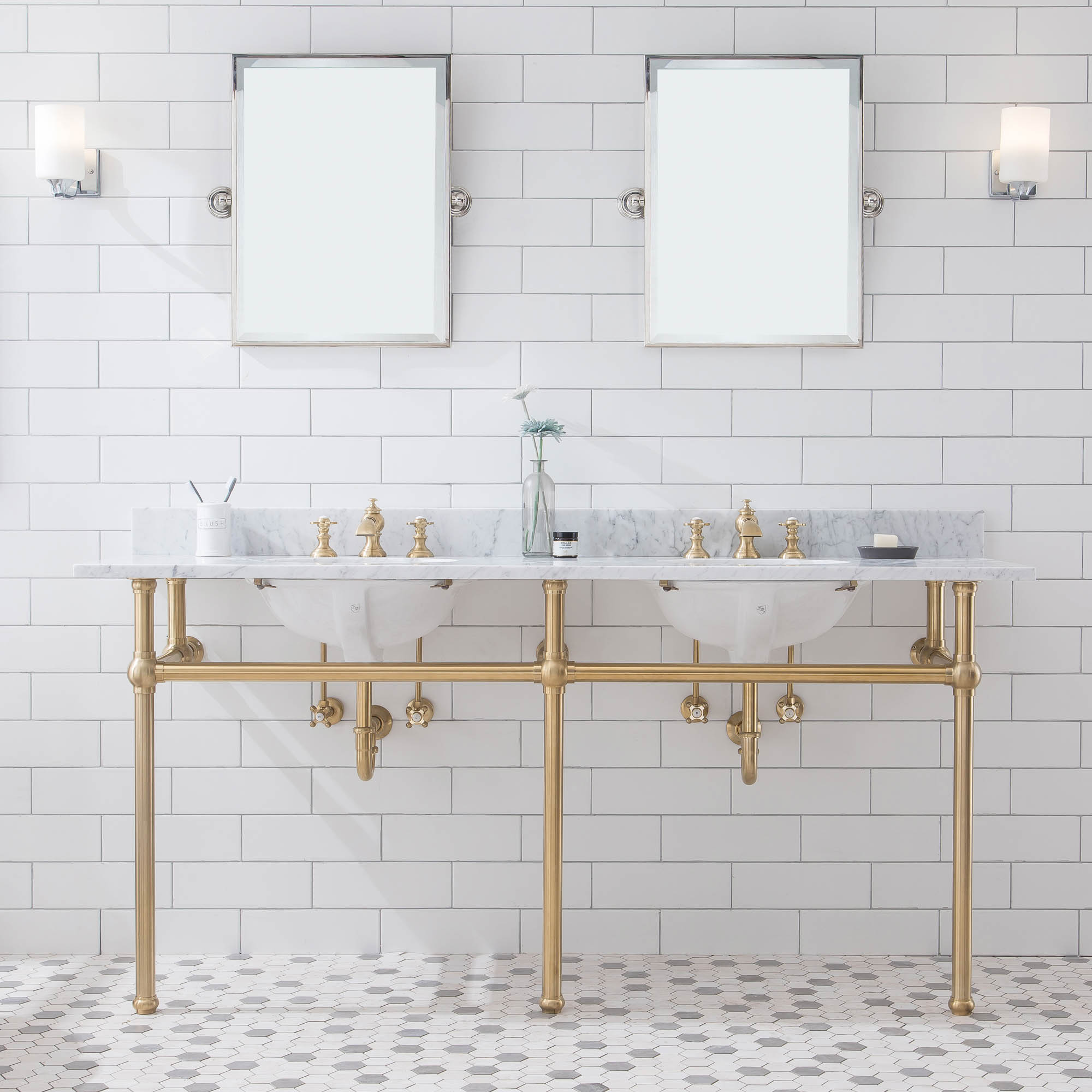 Water Creation EB72D-0613 Embassy Composite Wall-mount Modern Satin Gold Console Sink with Base with Faucet and Drain ( 19.25-in x 62.25-in x 33.13-in )