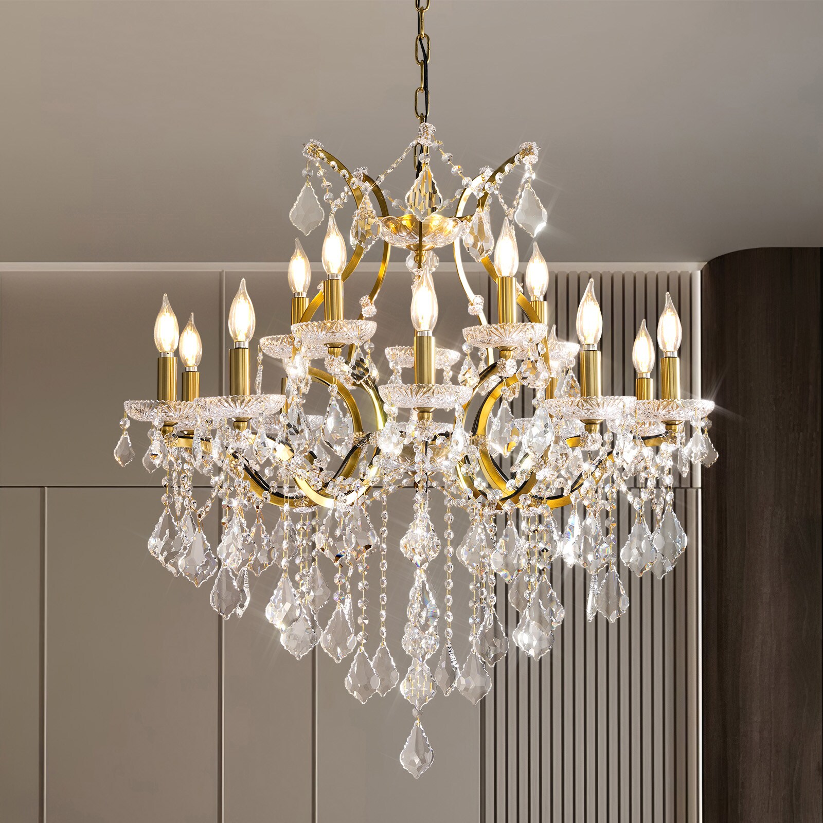 Gleam Flare 15 Lights Brass K9 Crystal Chandelier for Dining Room Modern Maria Theresa Chandeliers Light Fixture for Bedroom Living Room Entryway Foyer H32 x D31-Included Bulbs