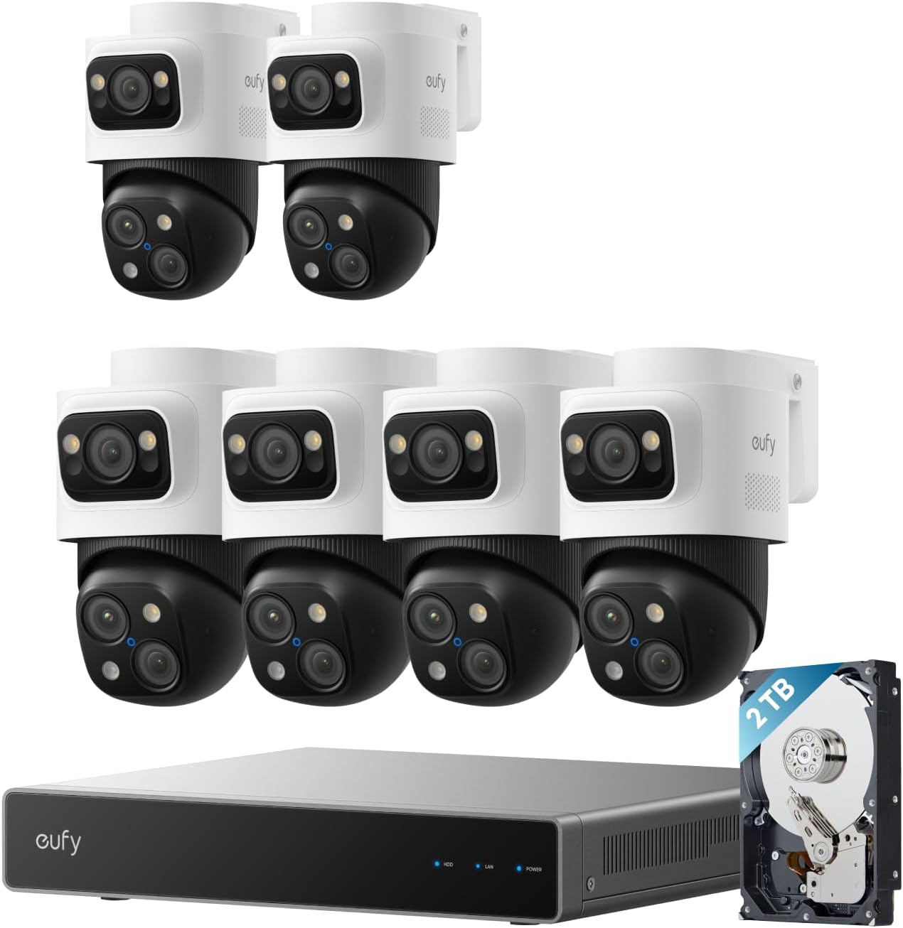 eufy  4K NVR Security Camera System S4 Max and 2pcs Add On PoE Wired Cam S4 UHD Triple Lens Bullet PTZ 16CH Cross Cam 2TB