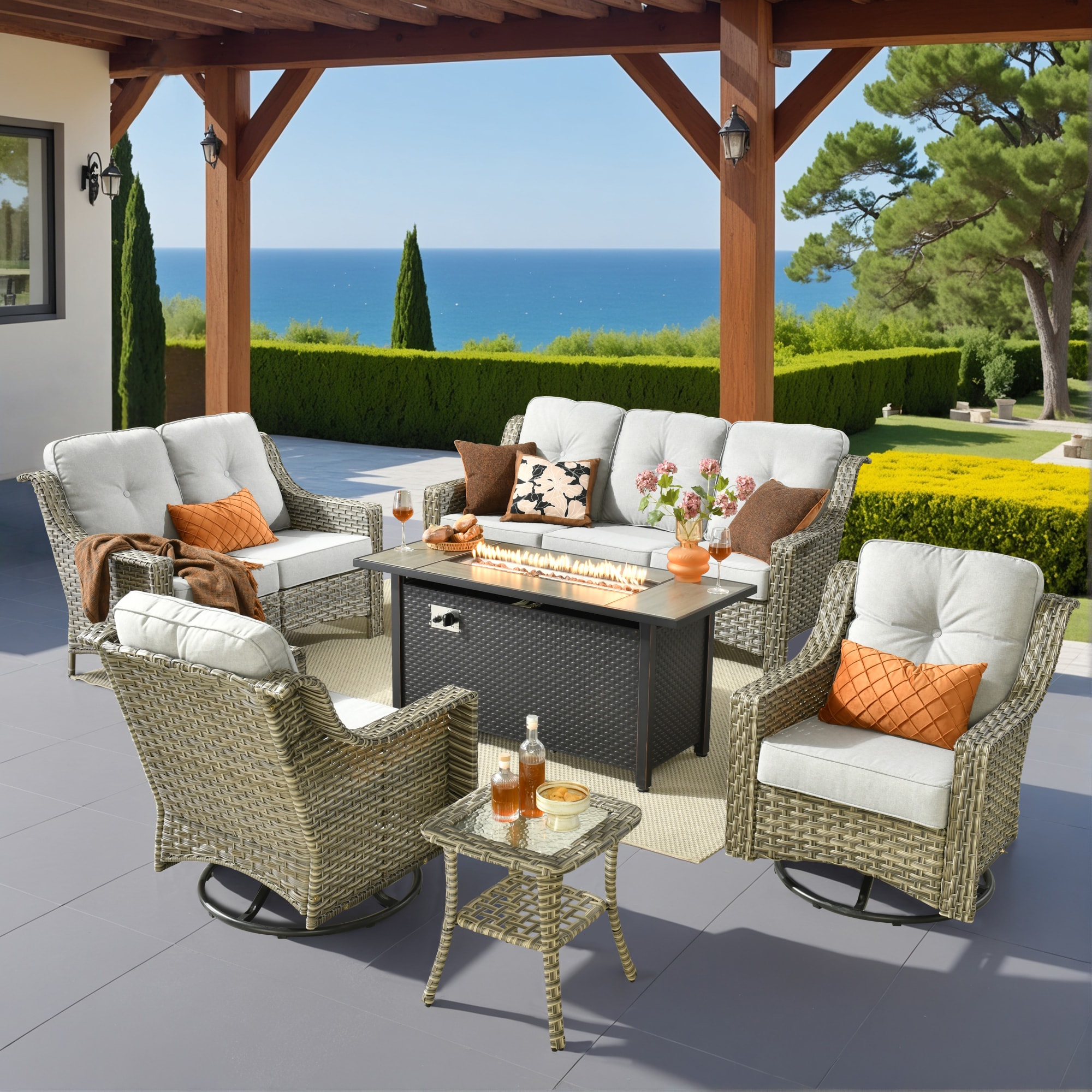 Caodoc L5-CFP03-YZPAD406 New right-Angles Rattan Outdoor Sectional with Light gray Cushions and Rattan Frame