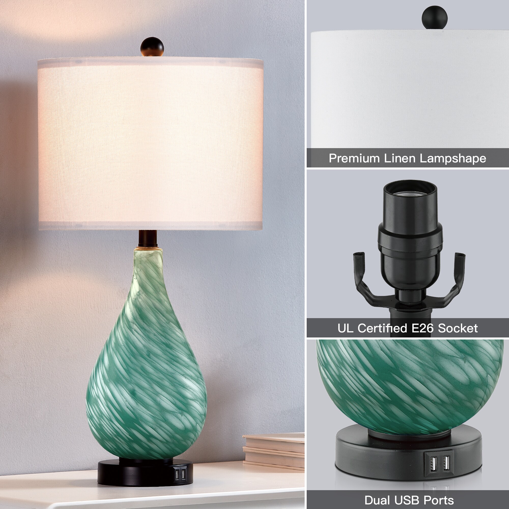 UrFurnishings glass table lamp 24 in Emerald LED Touch Table Lamp with Linen Shade TD 135 at Lowes