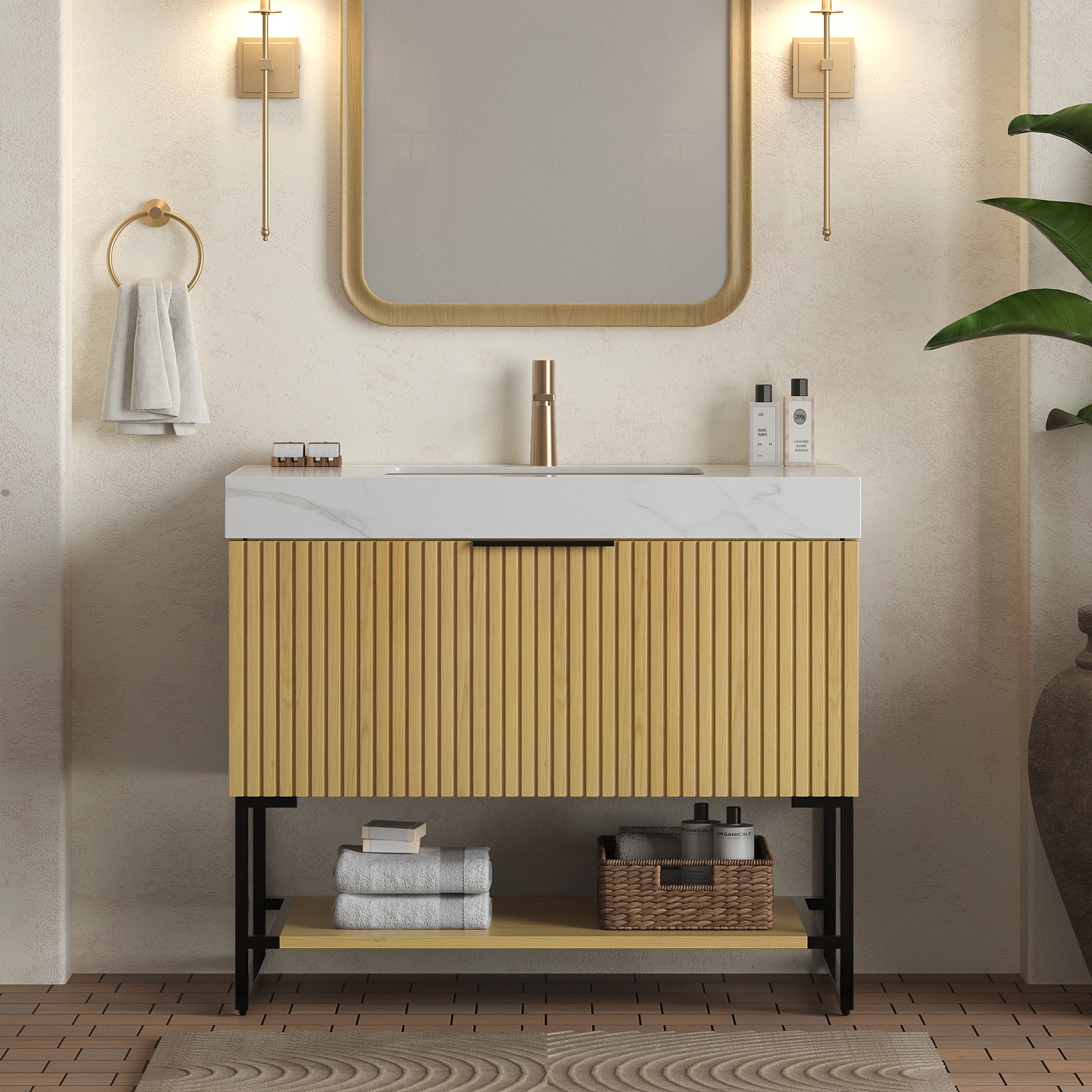 LUXEYARD - YOLAN 36in Bathroom Vanity and Sink Freestanding Striped Plywood Storage Cabinet with ...