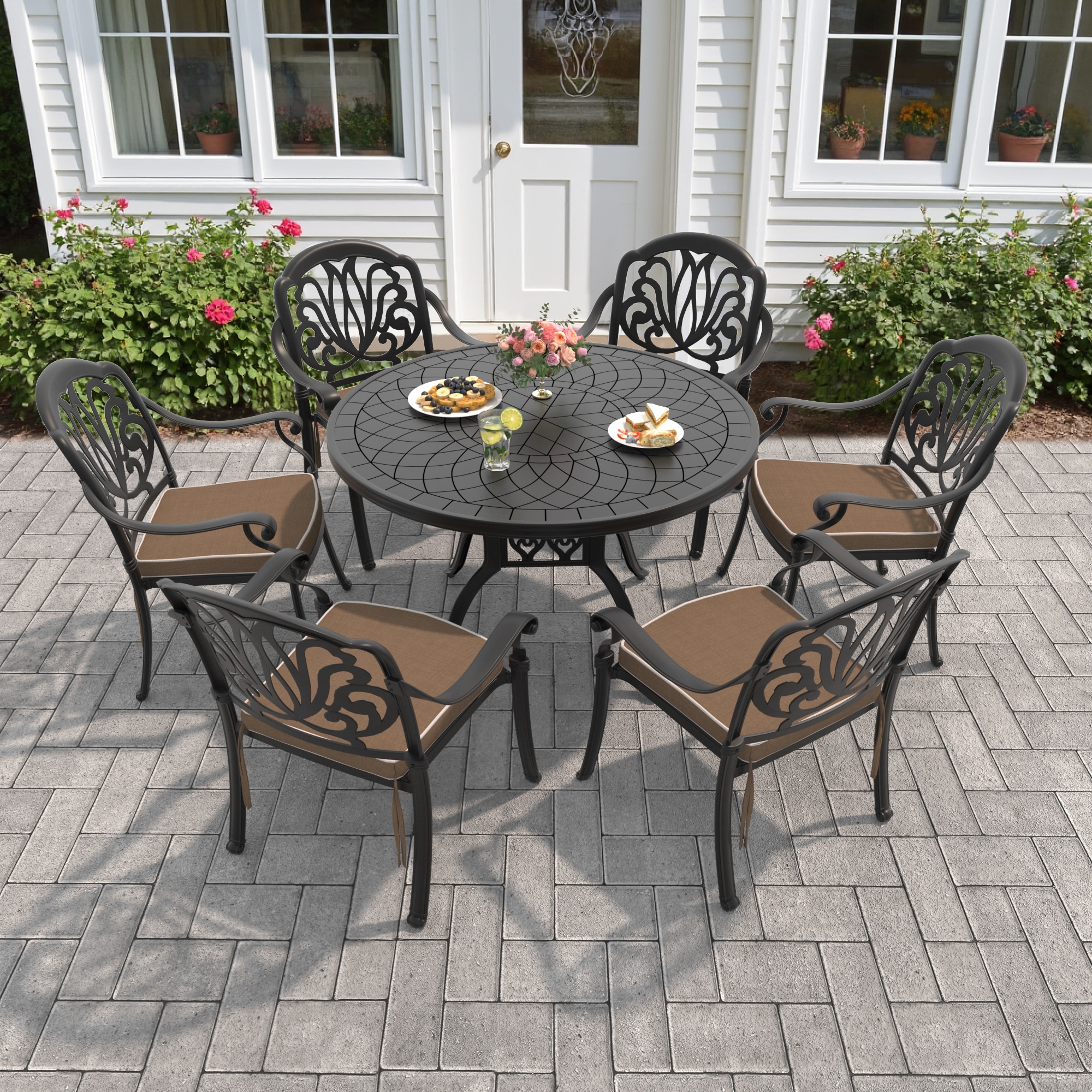 nicesure SLBK6002CZ6A1164RC 7 -Piece Black Patio Dining Set Aluminum Round Table with 6 Cushions Stackable Stationary Chairs
