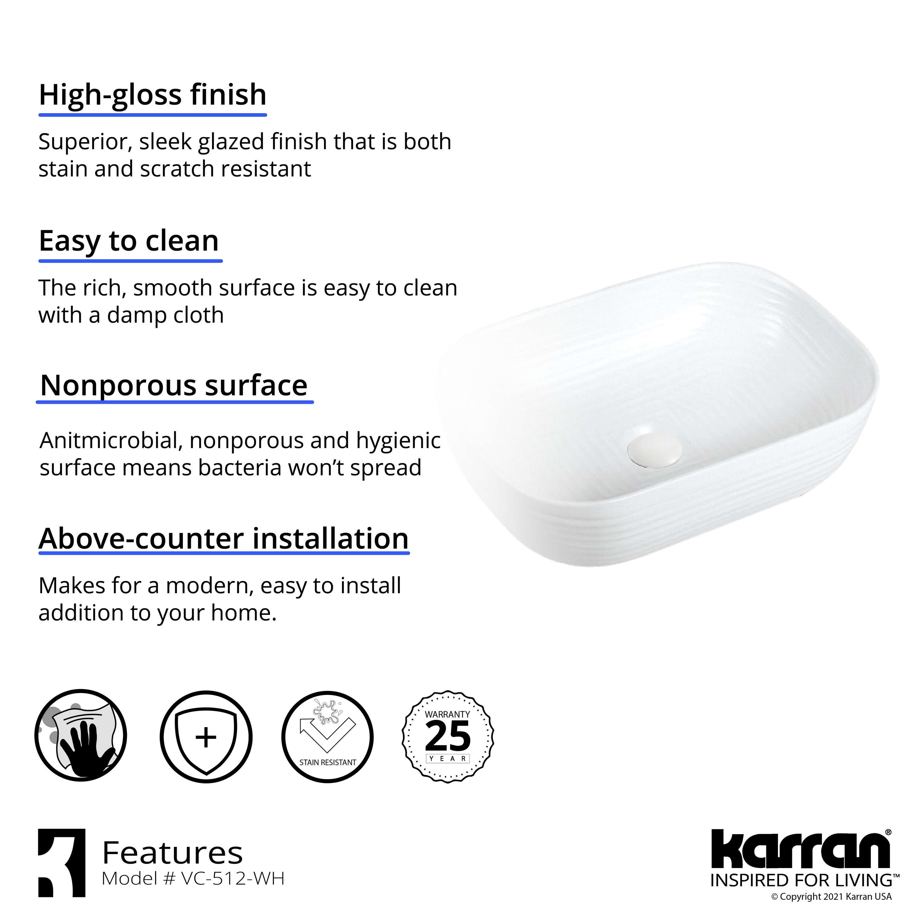 Karran Valera White/Glossy Vessel Rectangular Modern Bathroom Sink (18.25-in x 13.125-in)