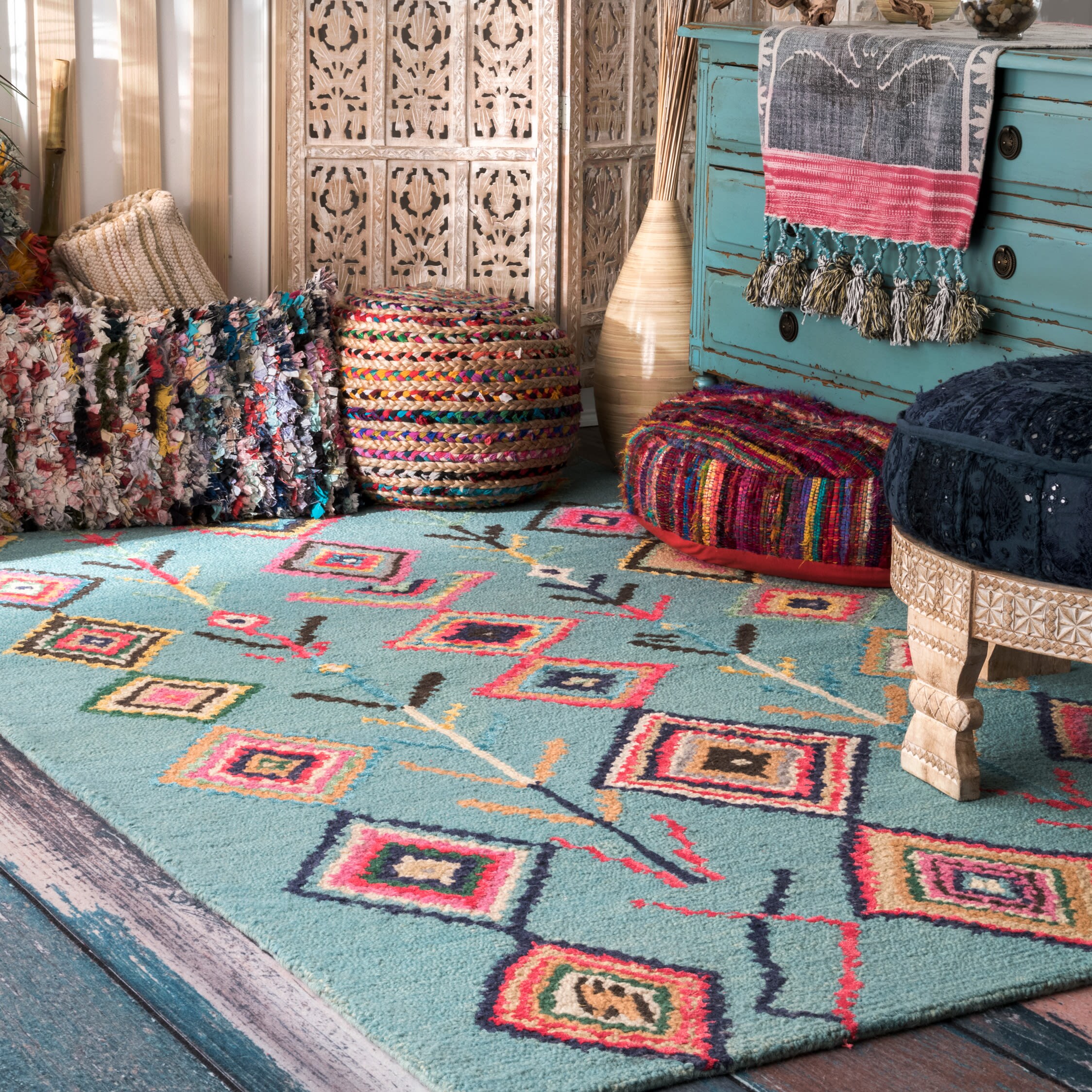 nuLOOM MJSM18C-406 Belini 4 x 6 (ft) Tufted Wool Turquoise Rectangular Indoor Geometric Moroccan Area rug