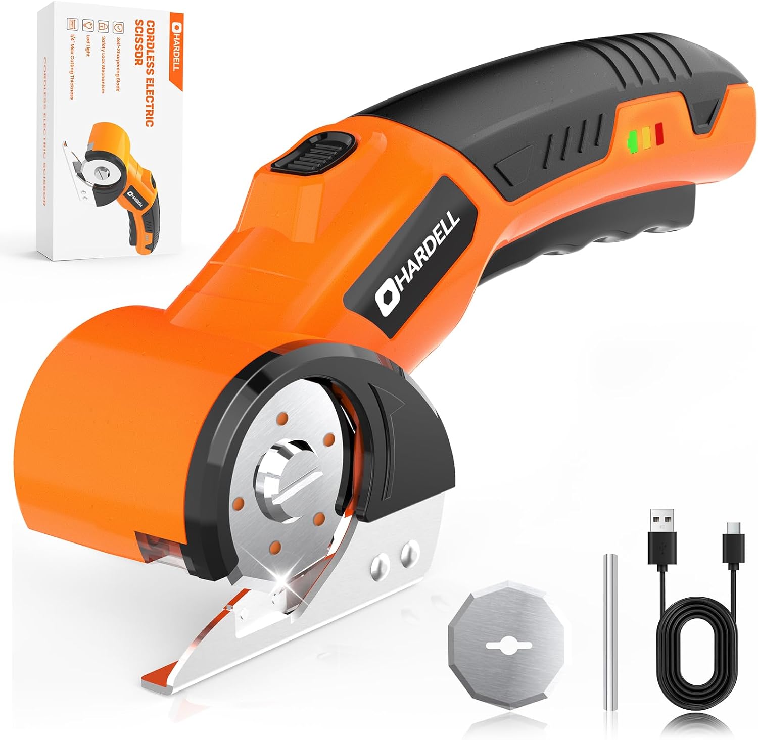 HARDELL B0DTH8DFF6 4V Cordless Electric Scissors Rechargeable Cardboard Cutter with 2 Blades Cuts Up to 1 4 Inch 320 RPM Box Cutter with Safety Lock and LED Light for Box Plastic Leather and DIY Projects